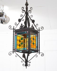 Vintage Stained Glass & Iron Lantern