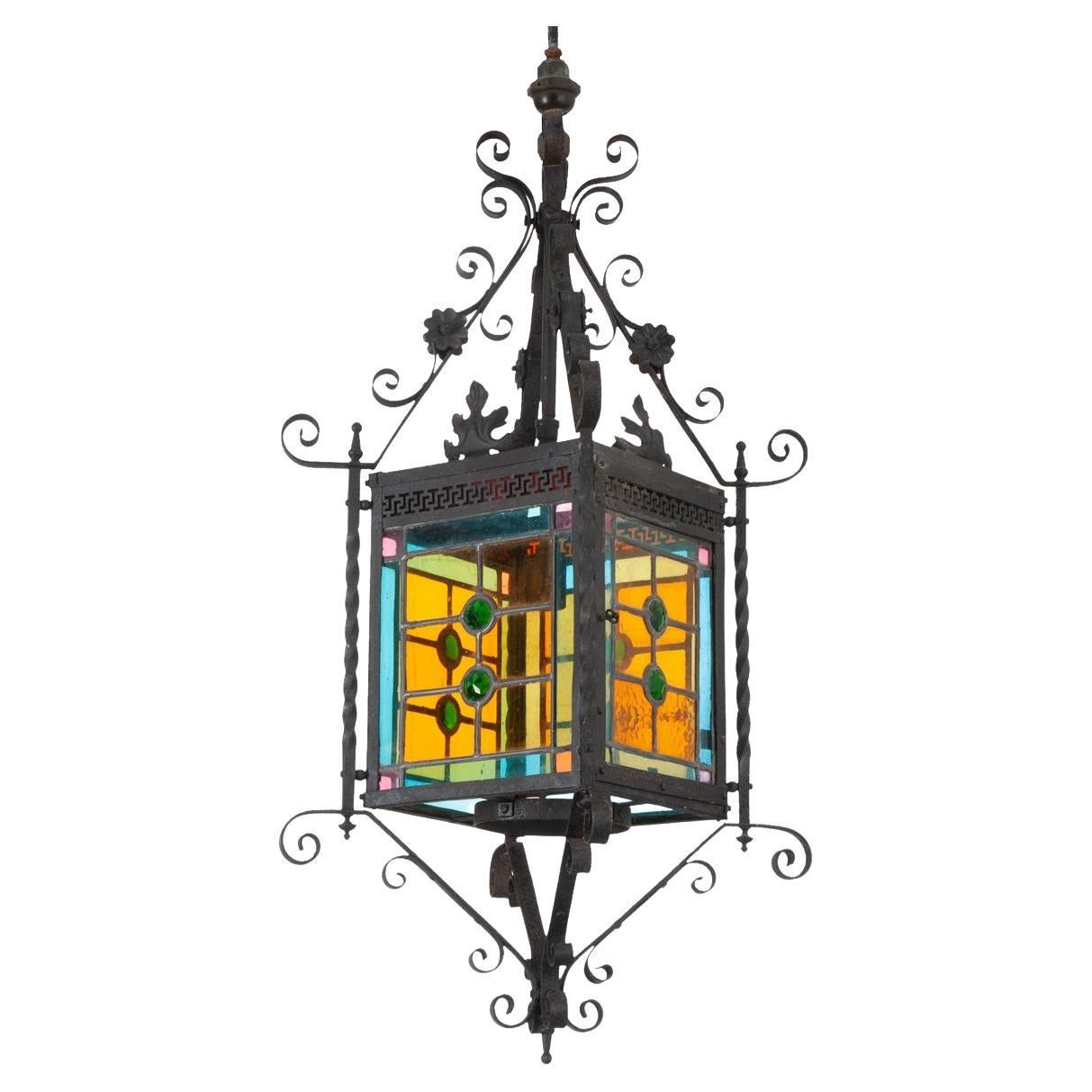 Handcrafted Wrought Iron Lantern with Handcrafted Stained Glass For Sale at 1stDibs