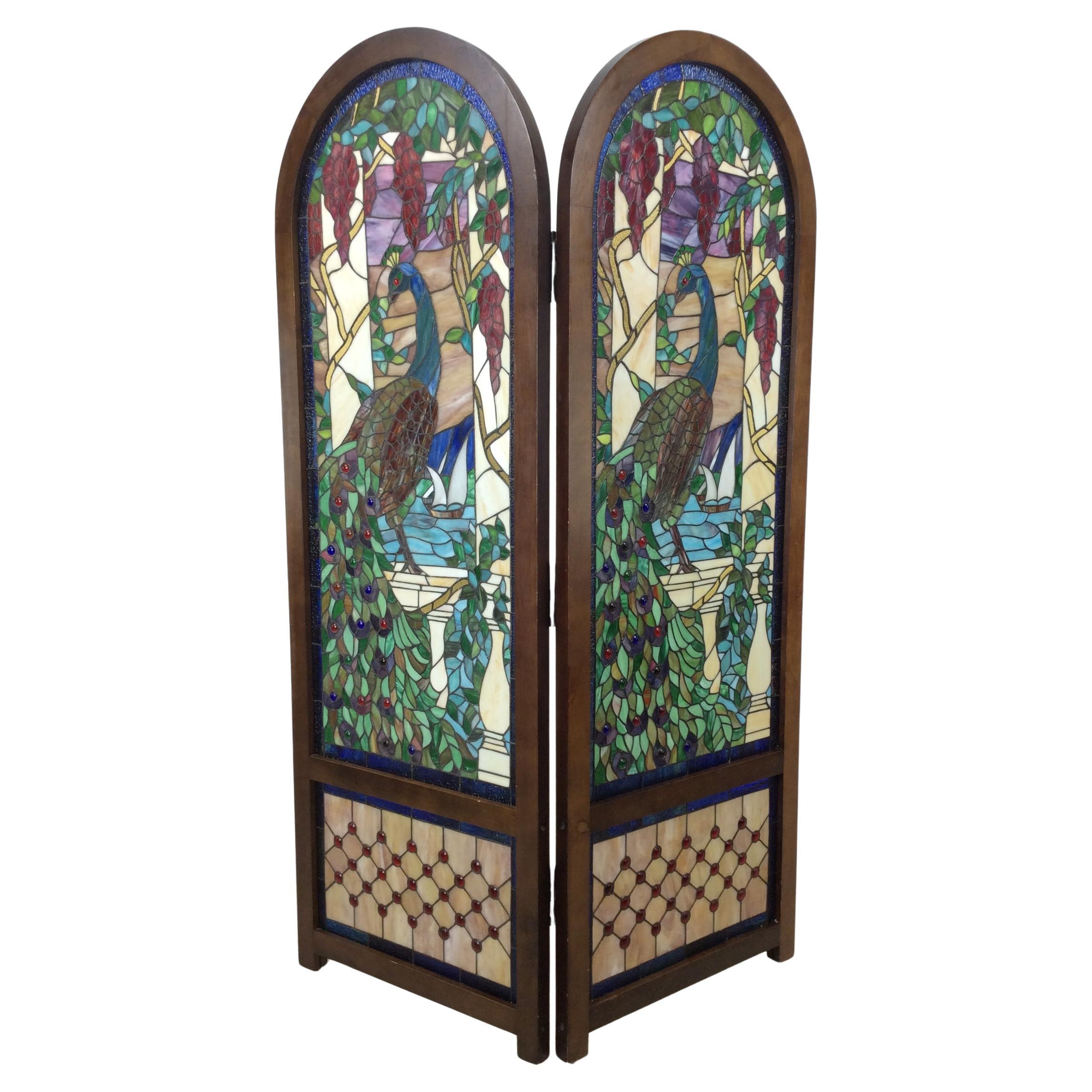 Schermo divisorio con pavone in vetro colorato d
epoca