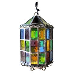 Vintage Stained Glass Pendant Lamp with Multicolor Panels and Twisted Metal Trim