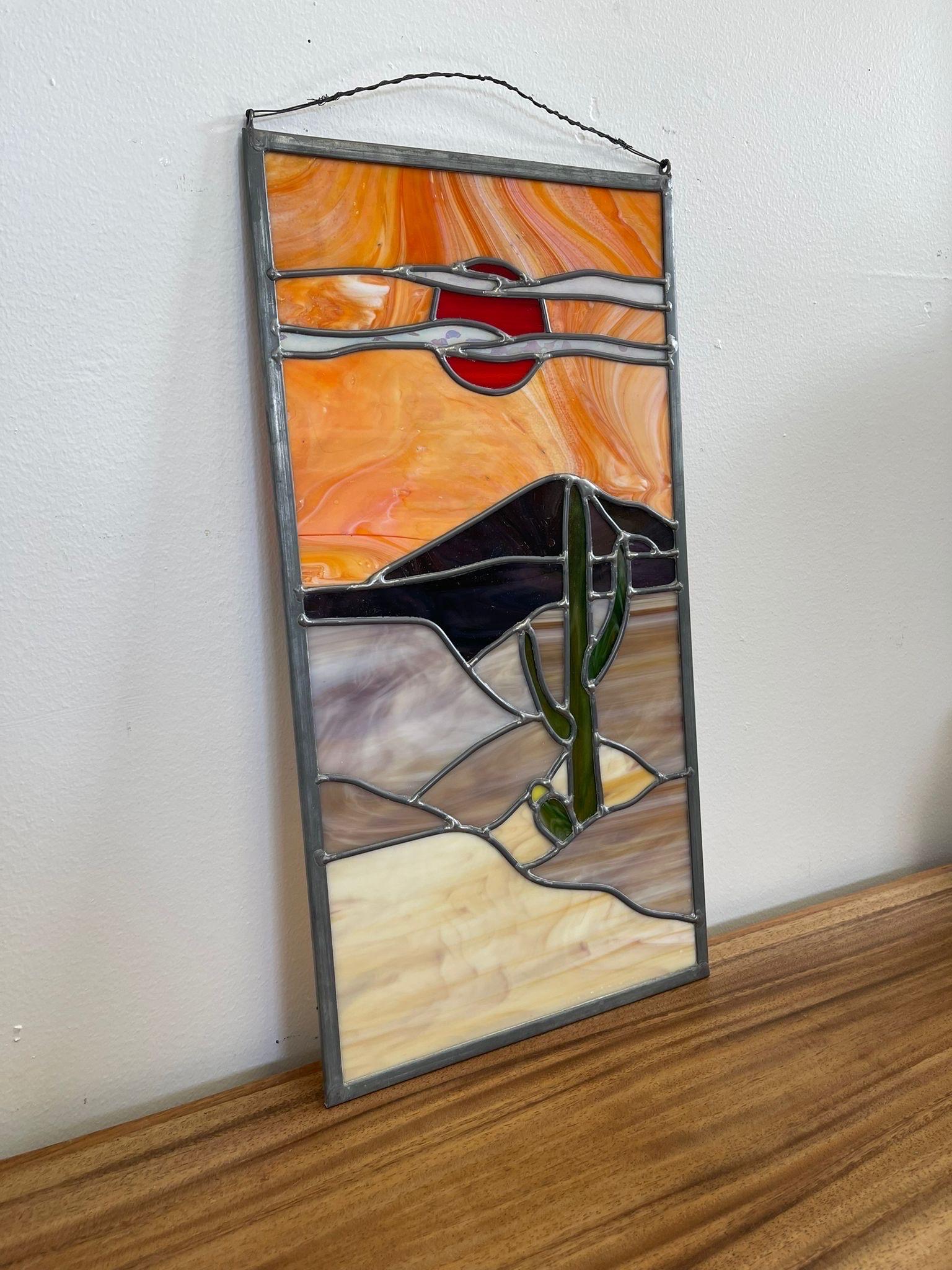 Mid-Century Modern Vintage Stained Glass Wall Art of Scenic Desert Landscape. For Sale