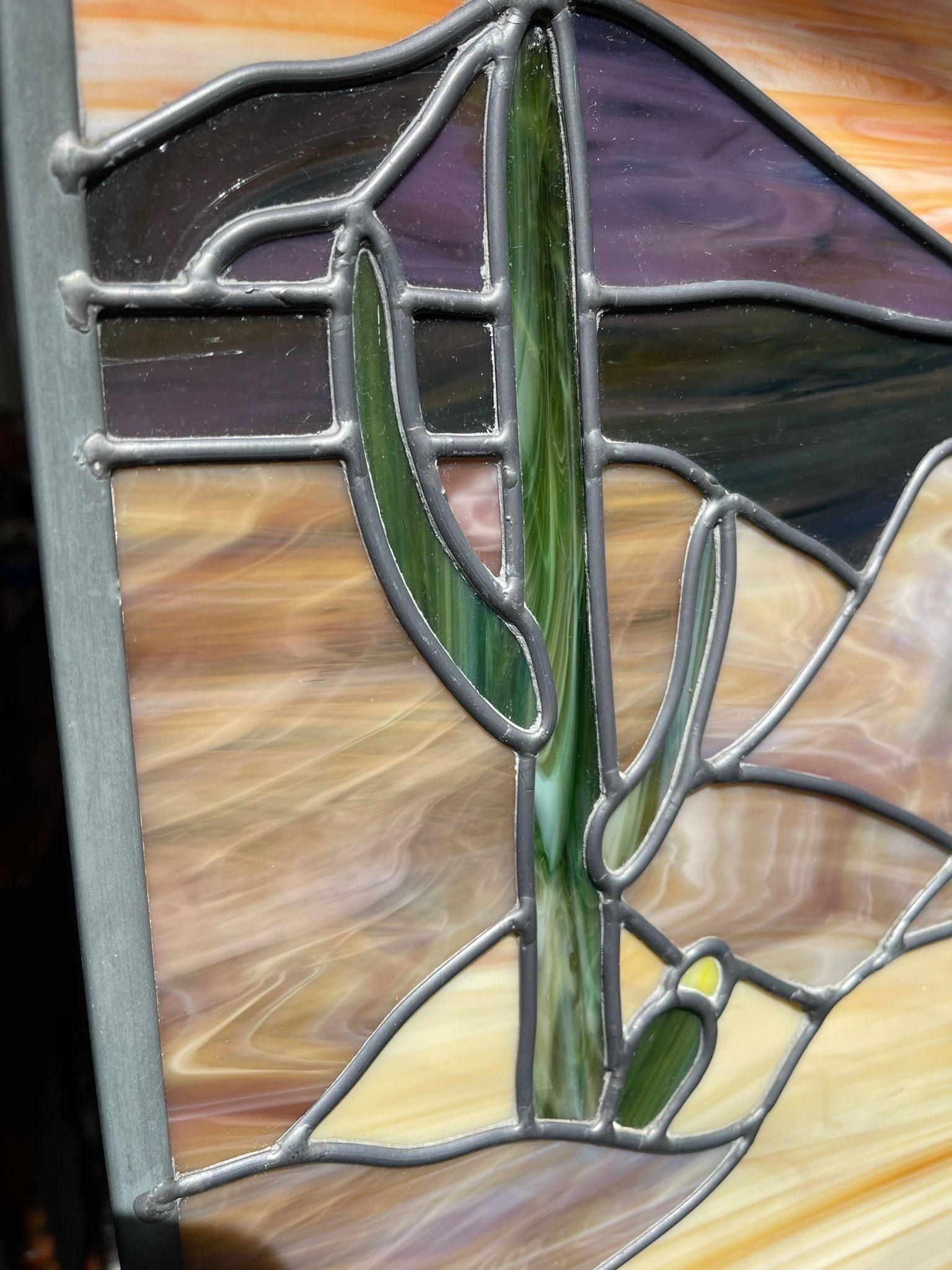 Vintage Stained Glass Wall Art of Scenic Desert Landscape. In Good Condition For Sale In Seattle, WA