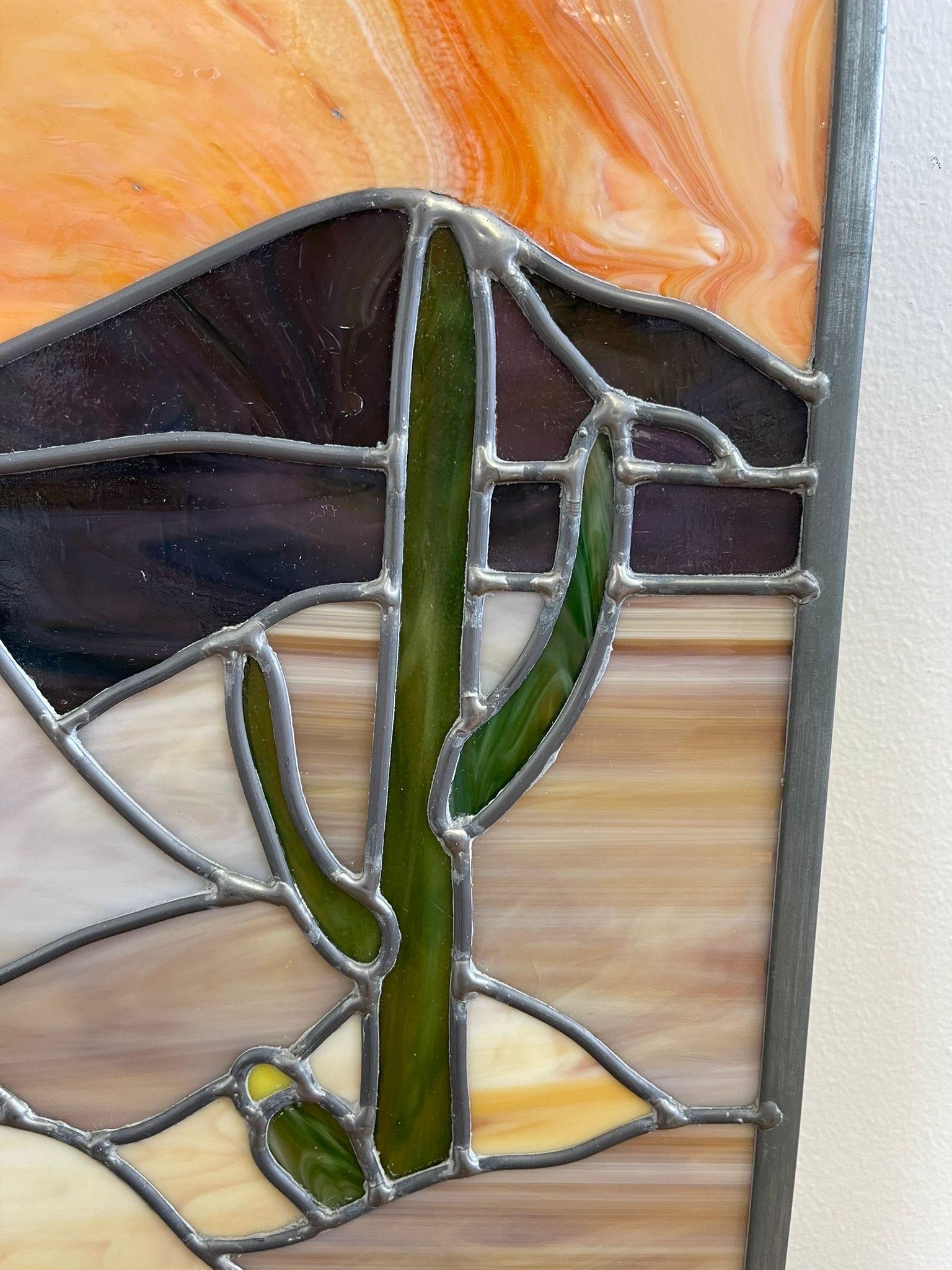 Late 20th Century Vintage Stained Glass Wall Art of Scenic Desert Landscape. For Sale