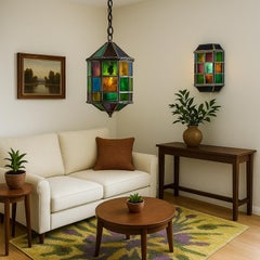 Vintage Stained Glass Wall Lamp with Multicolor Panels and Twisted Metal Trim