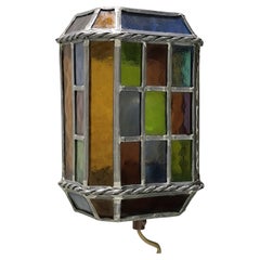 Vintage Stained Glass Wall Lamp with Multicolor Panels and Twisted Metal Trim