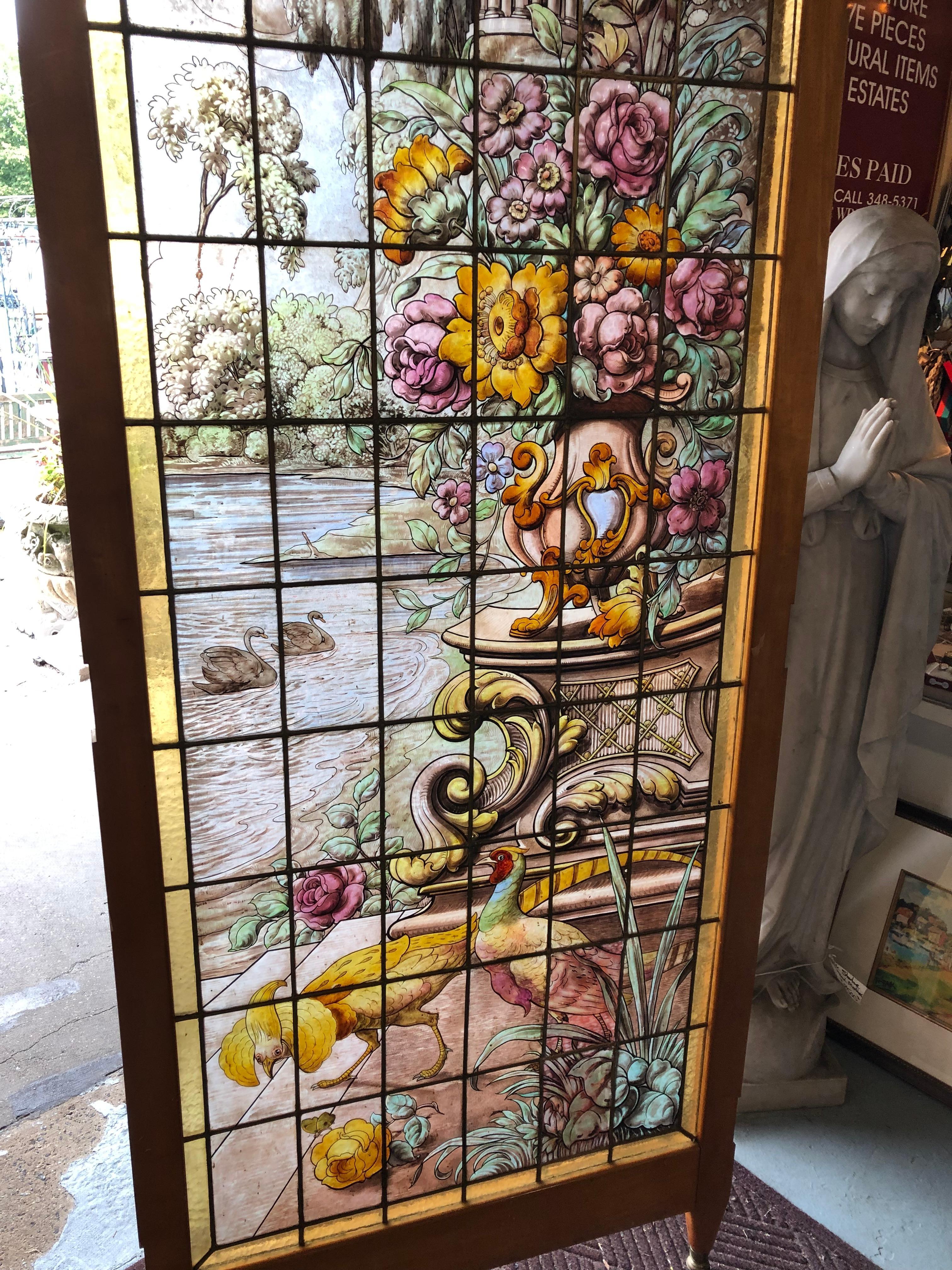 American Vintage Stained Glass Window w/ Design of Garden w/ Flowers & Birds of Paradise For Sale