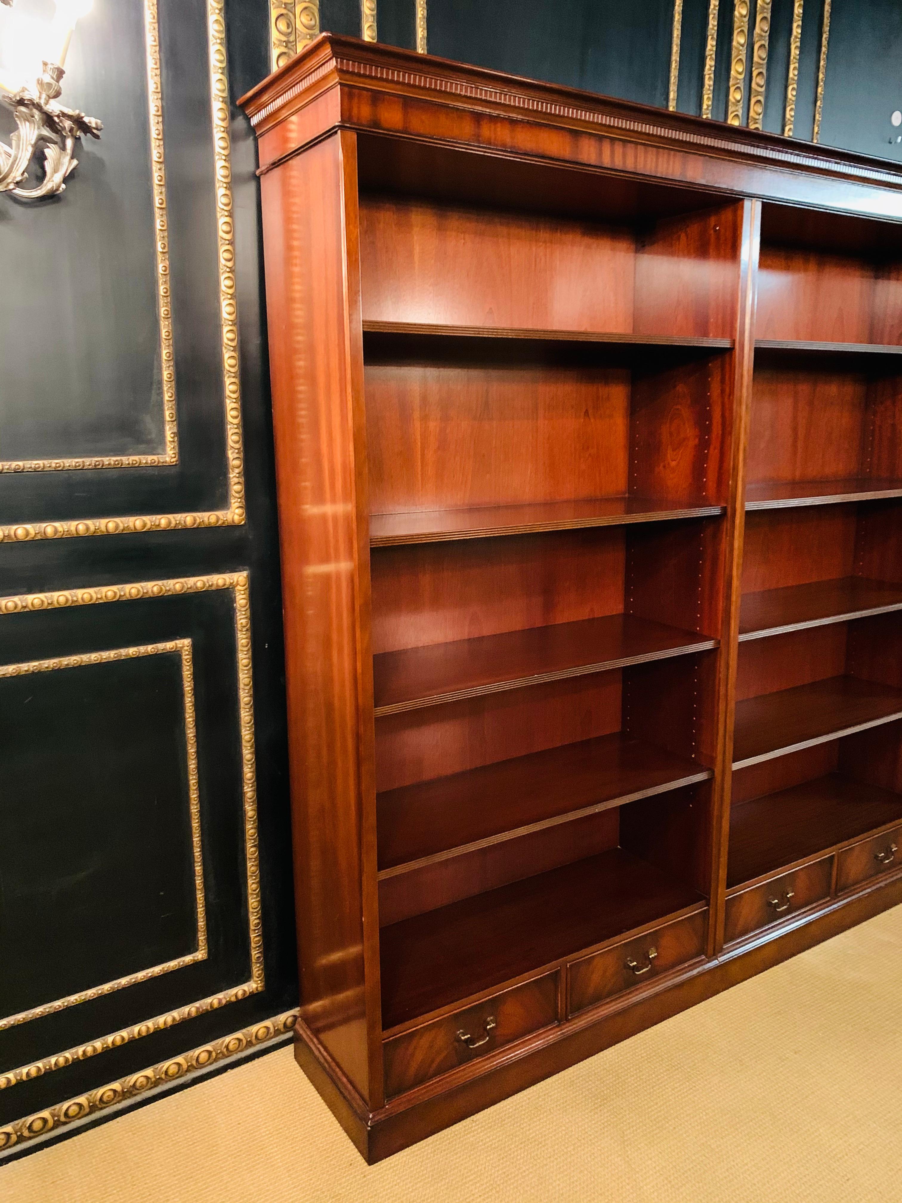 English Vintage Stained Mahogany Double Bank Open Library Bookcase / Bookshelf