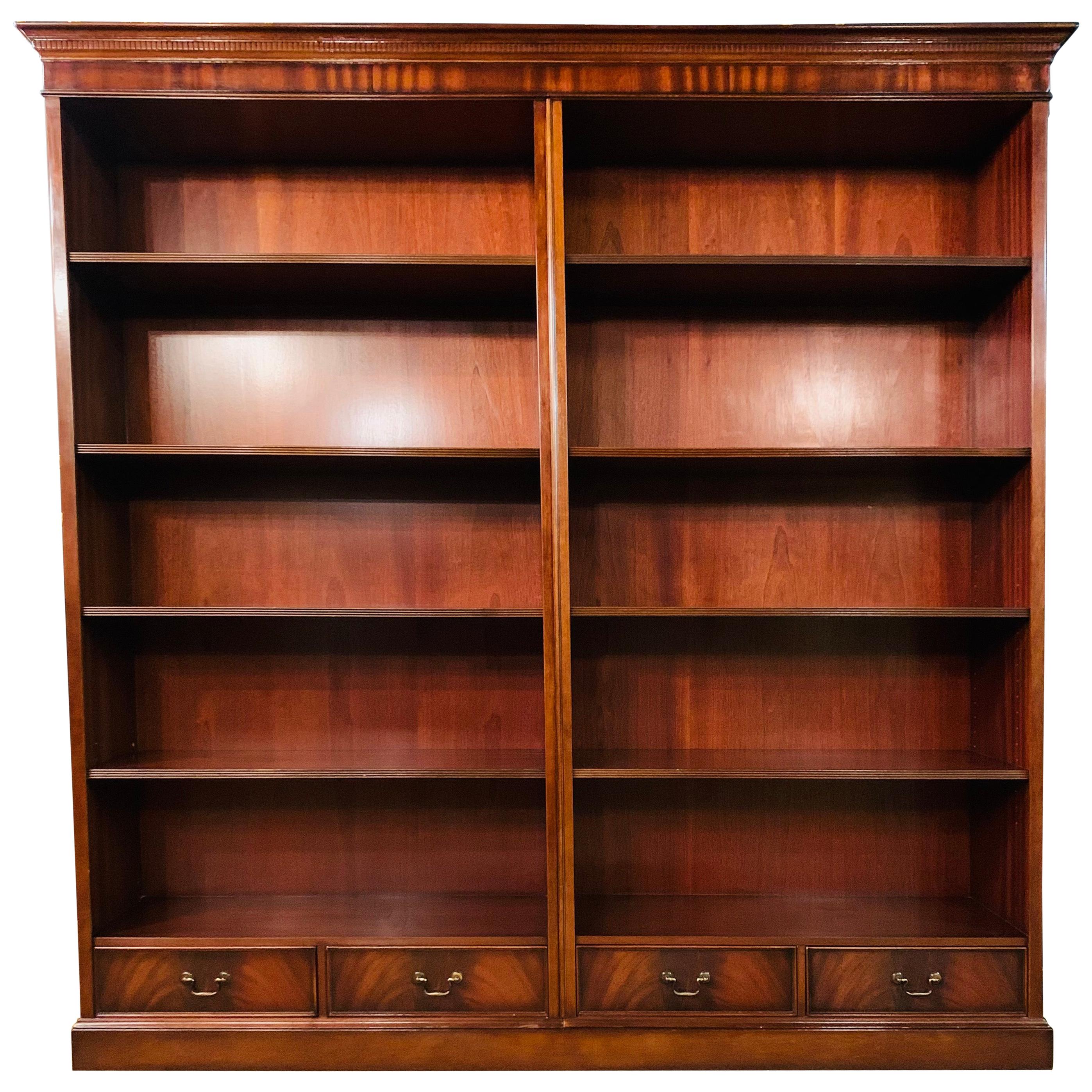 Vintage Stained Mahogany Double Bank Open Library Bookcase / Bookshelf