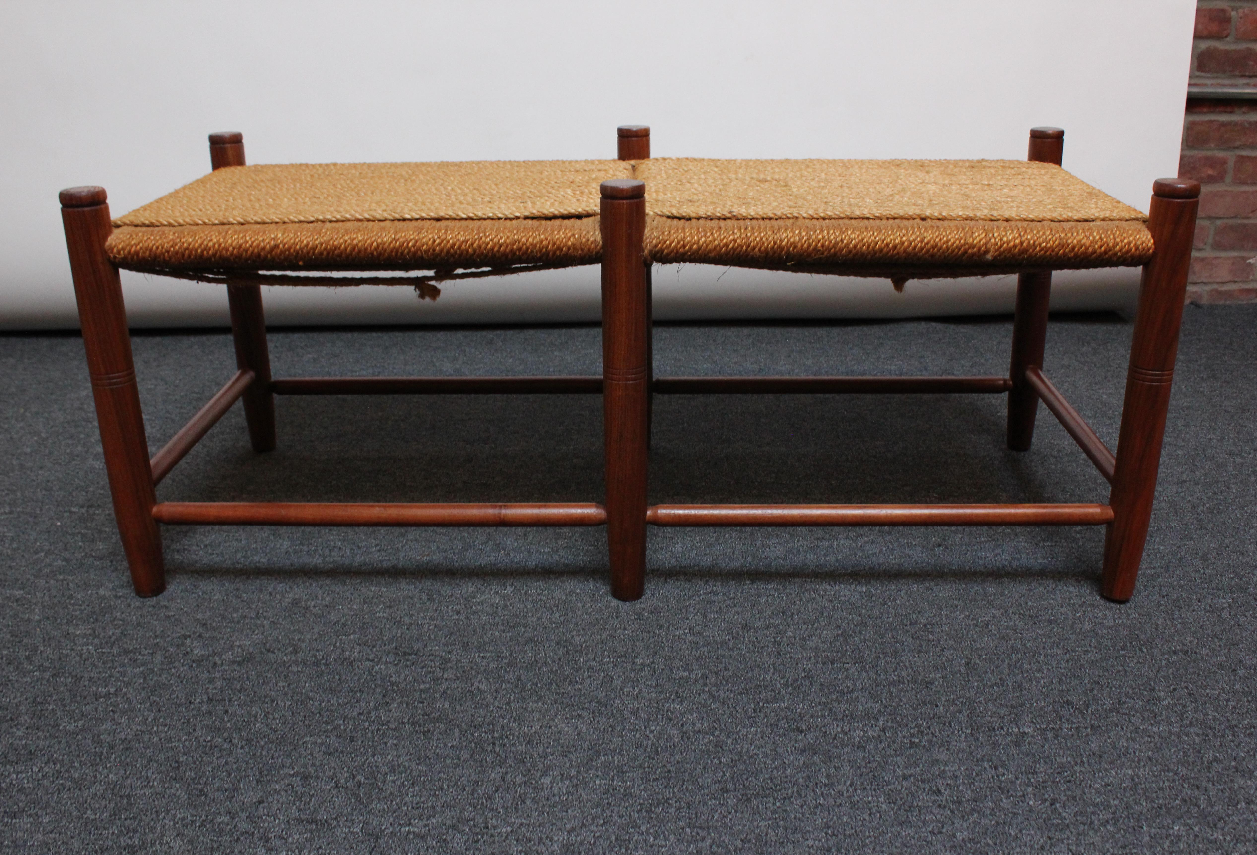 Mid-Century Modern Vintage Stained Teak and Woven Rope Bench