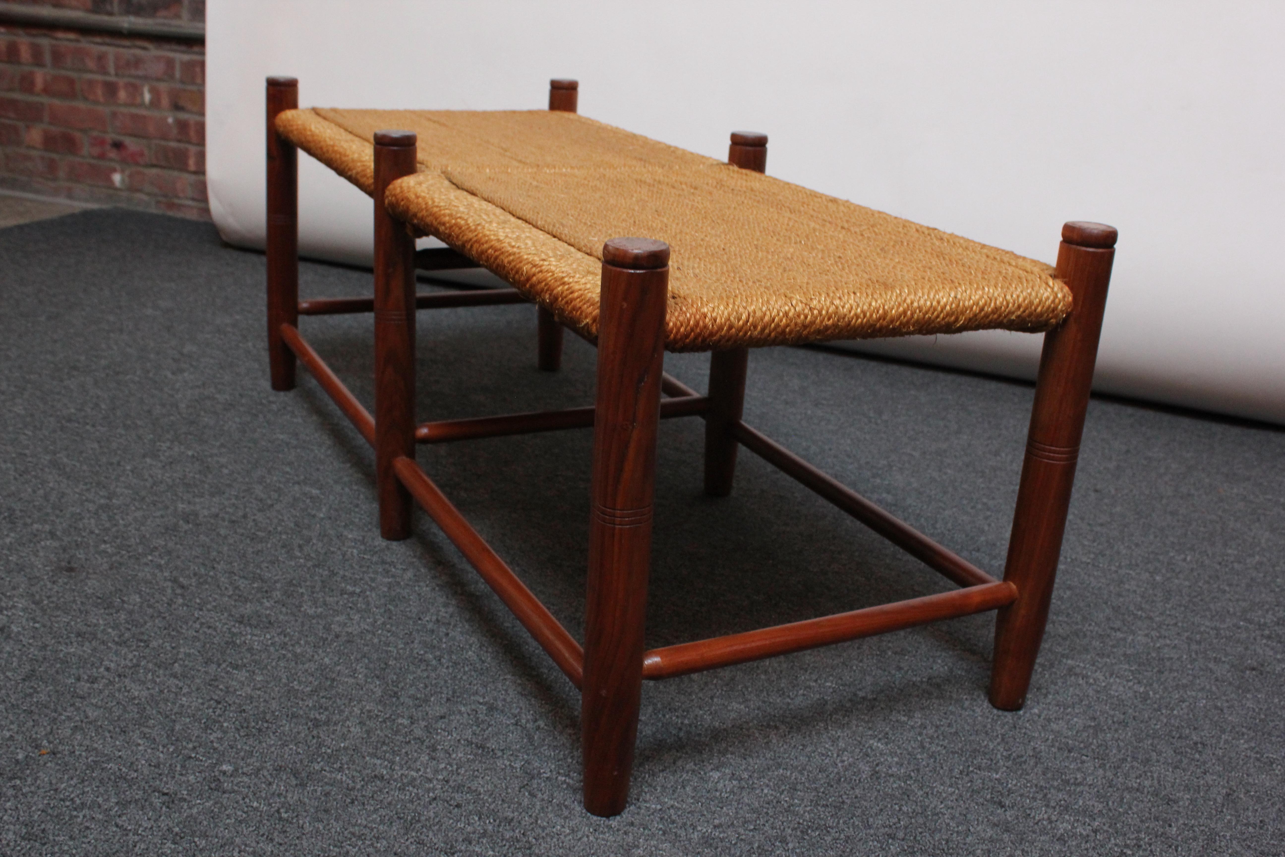 American Vintage Stained Teak and Woven Rope Bench