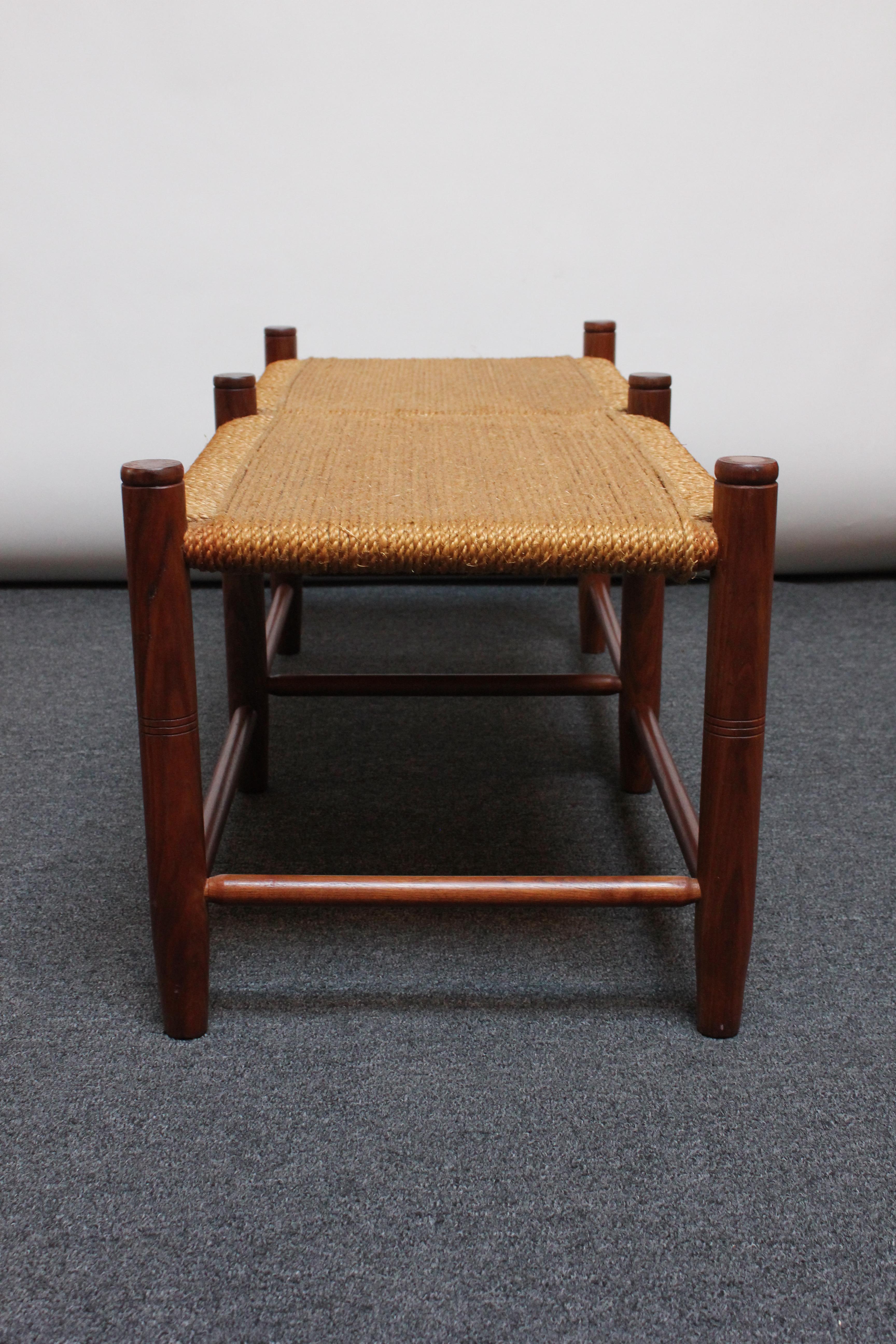 Vintage Stained Teak and Woven Rope Bench In Good Condition In Brooklyn, NY