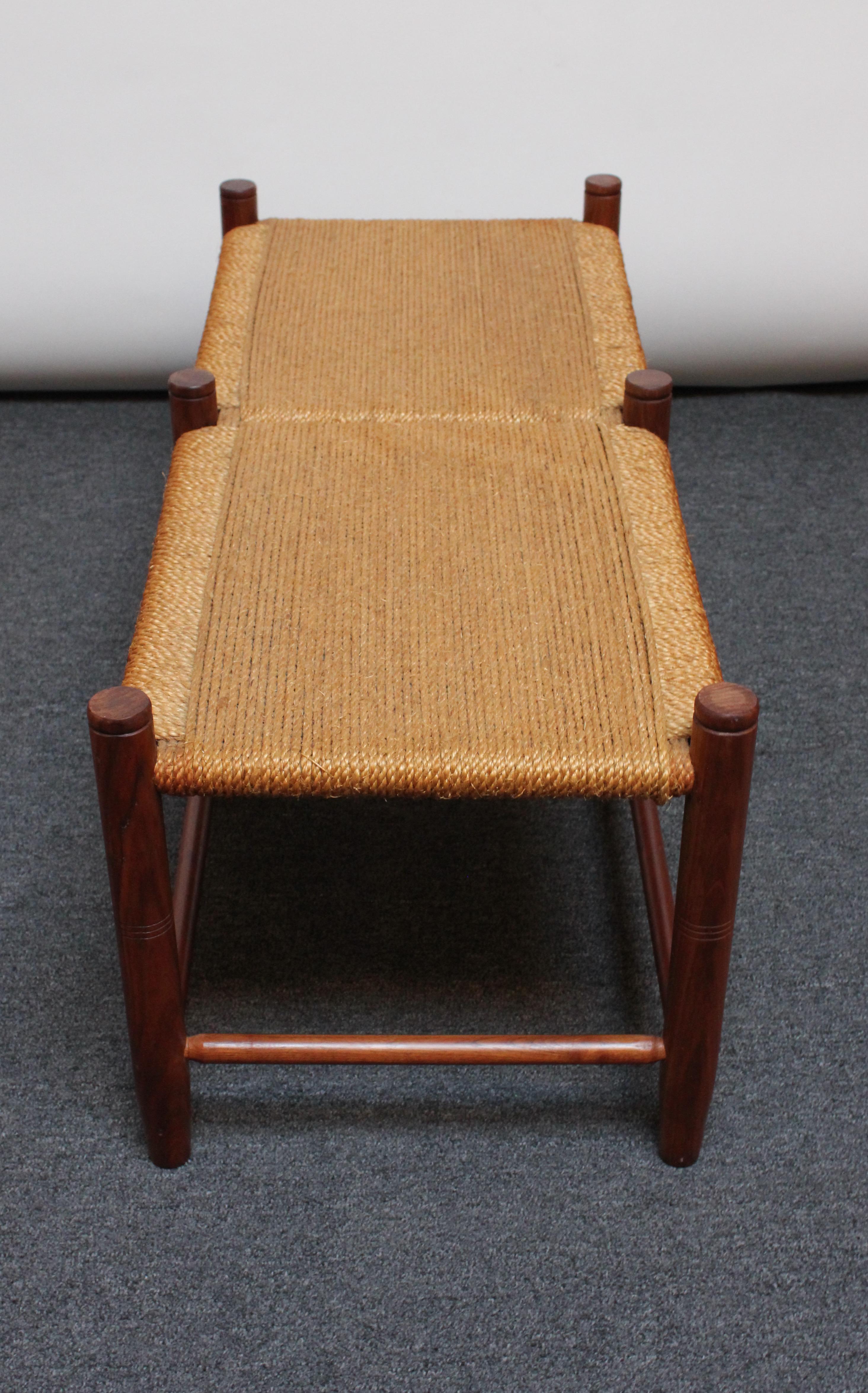 Late 20th Century Vintage Stained Teak and Woven Rope Bench