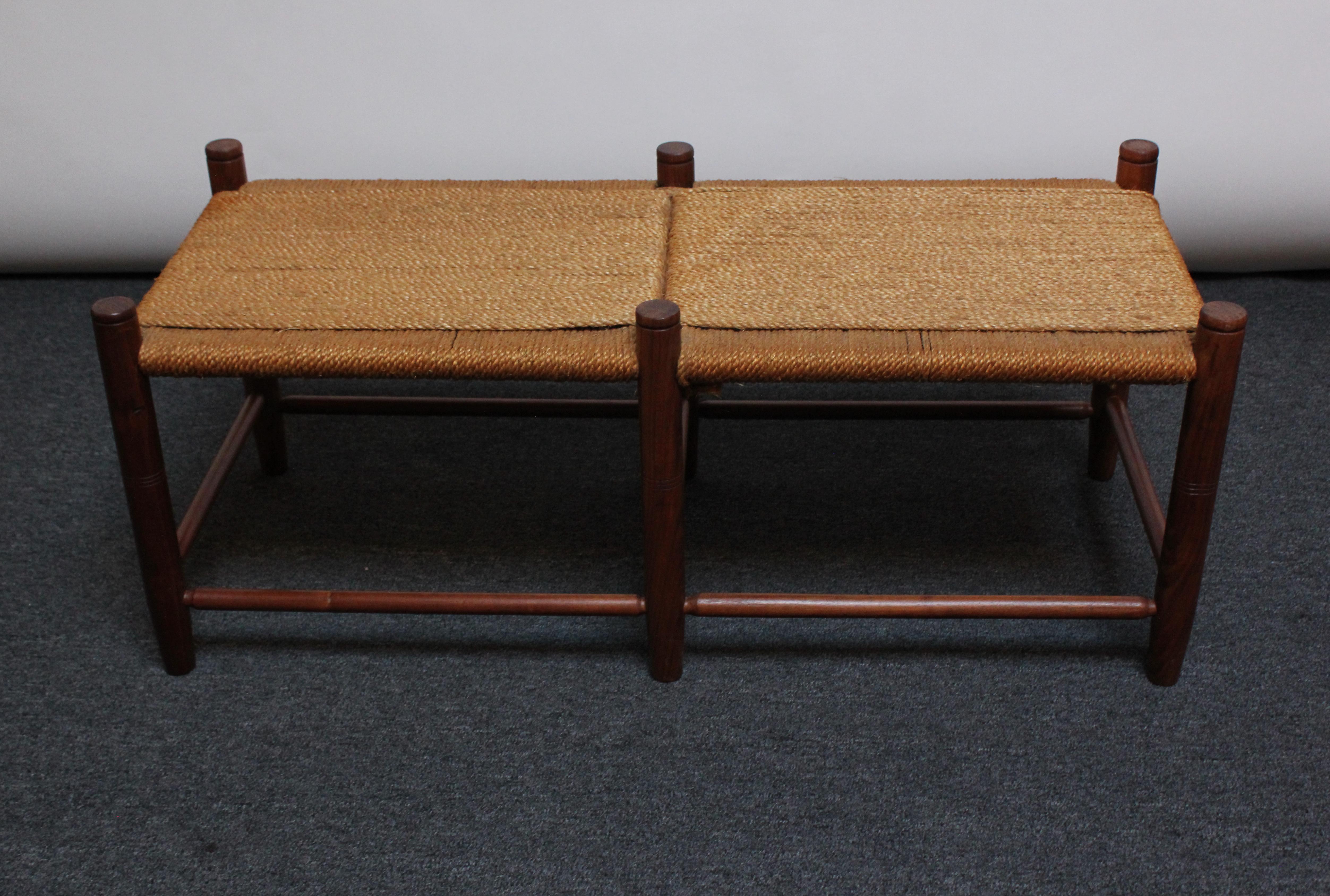Vintage Stained Teak and Woven Rope Bench 1