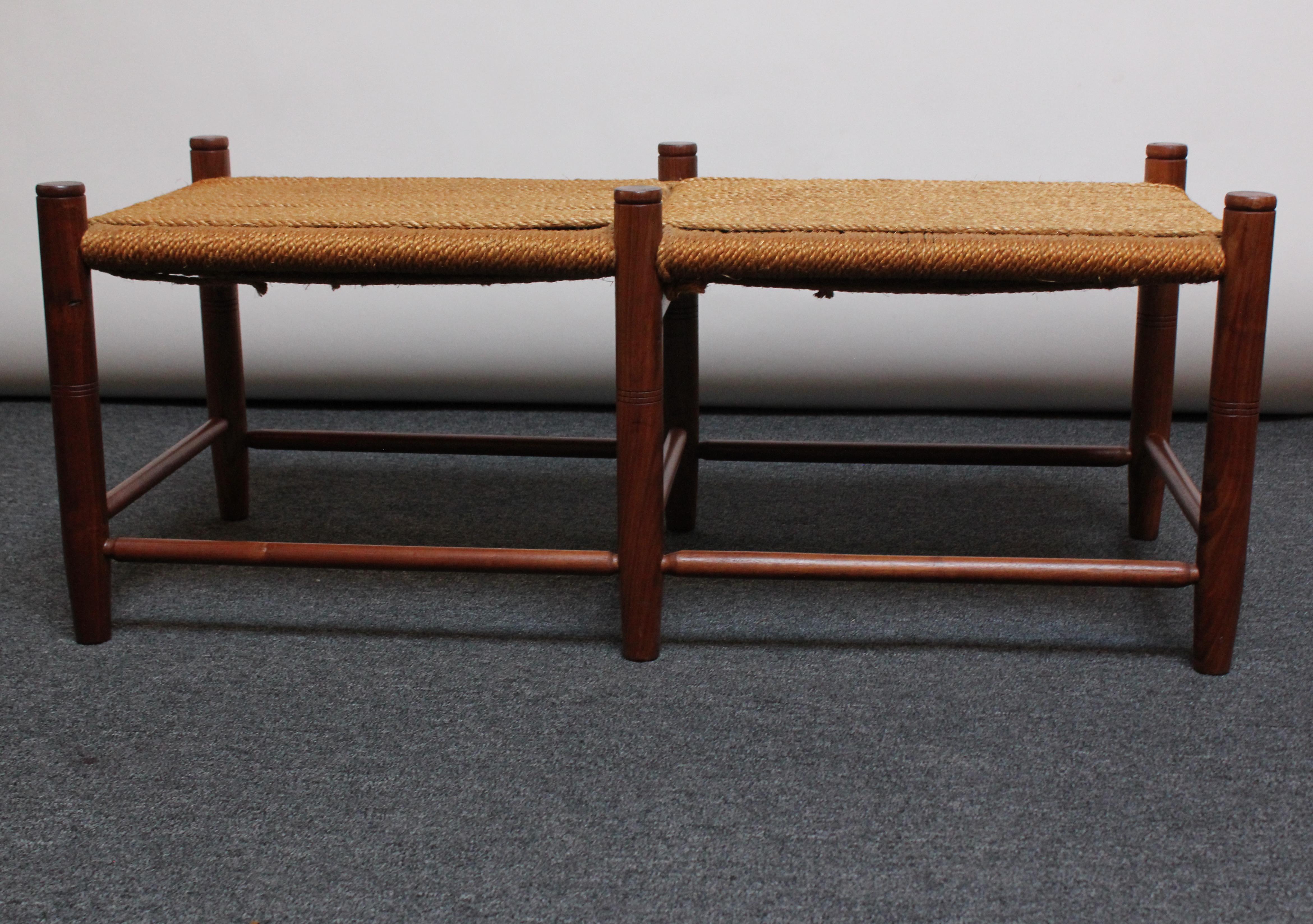 Vintage Stained Teak and Woven Rope Bench 2
