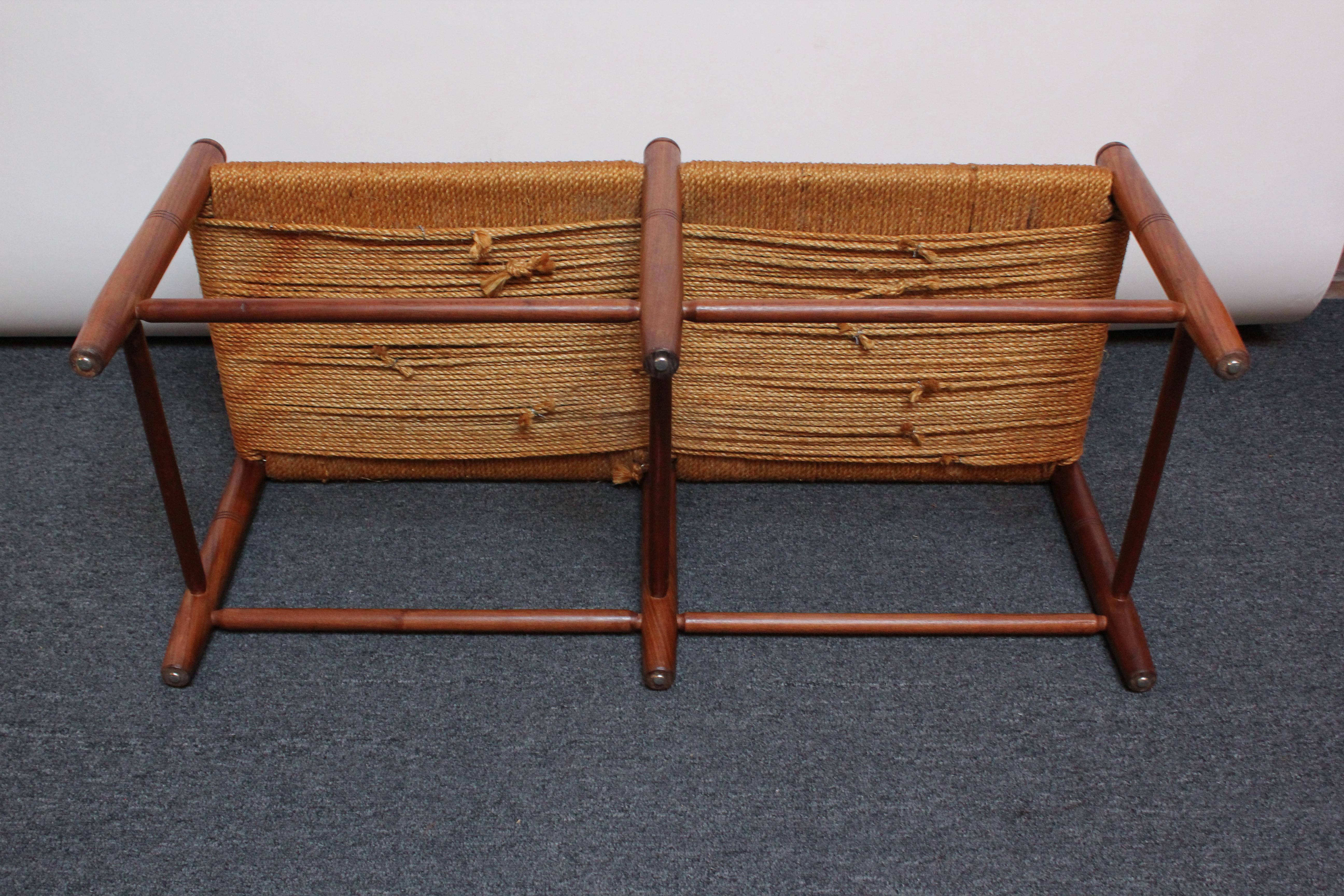 Vintage Stained Teak and Woven Rope Bench 3