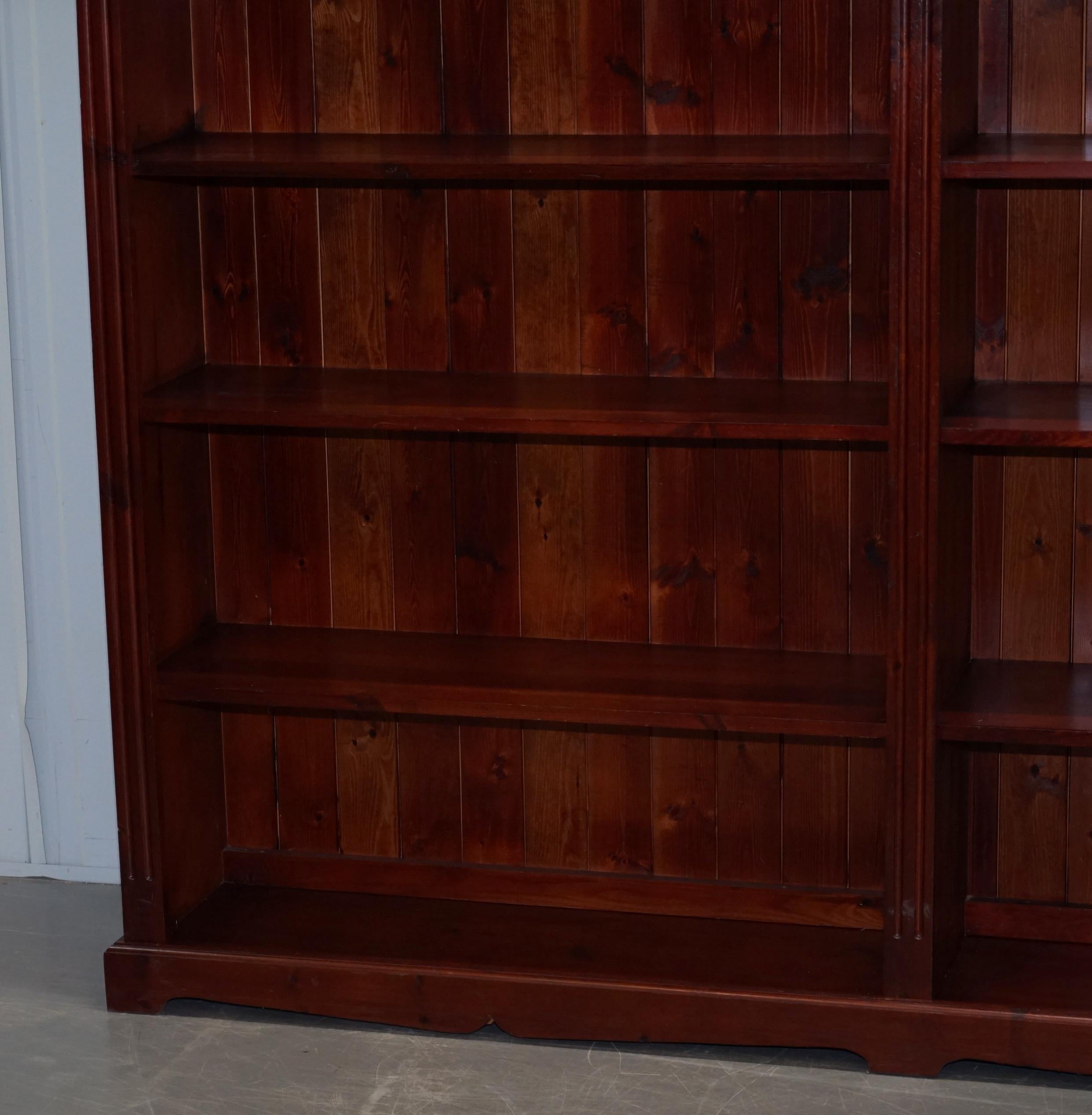 Hand-Crafted Vintage Stained Pine Double Bank Open Library Bookcase Splits into Four Pieces