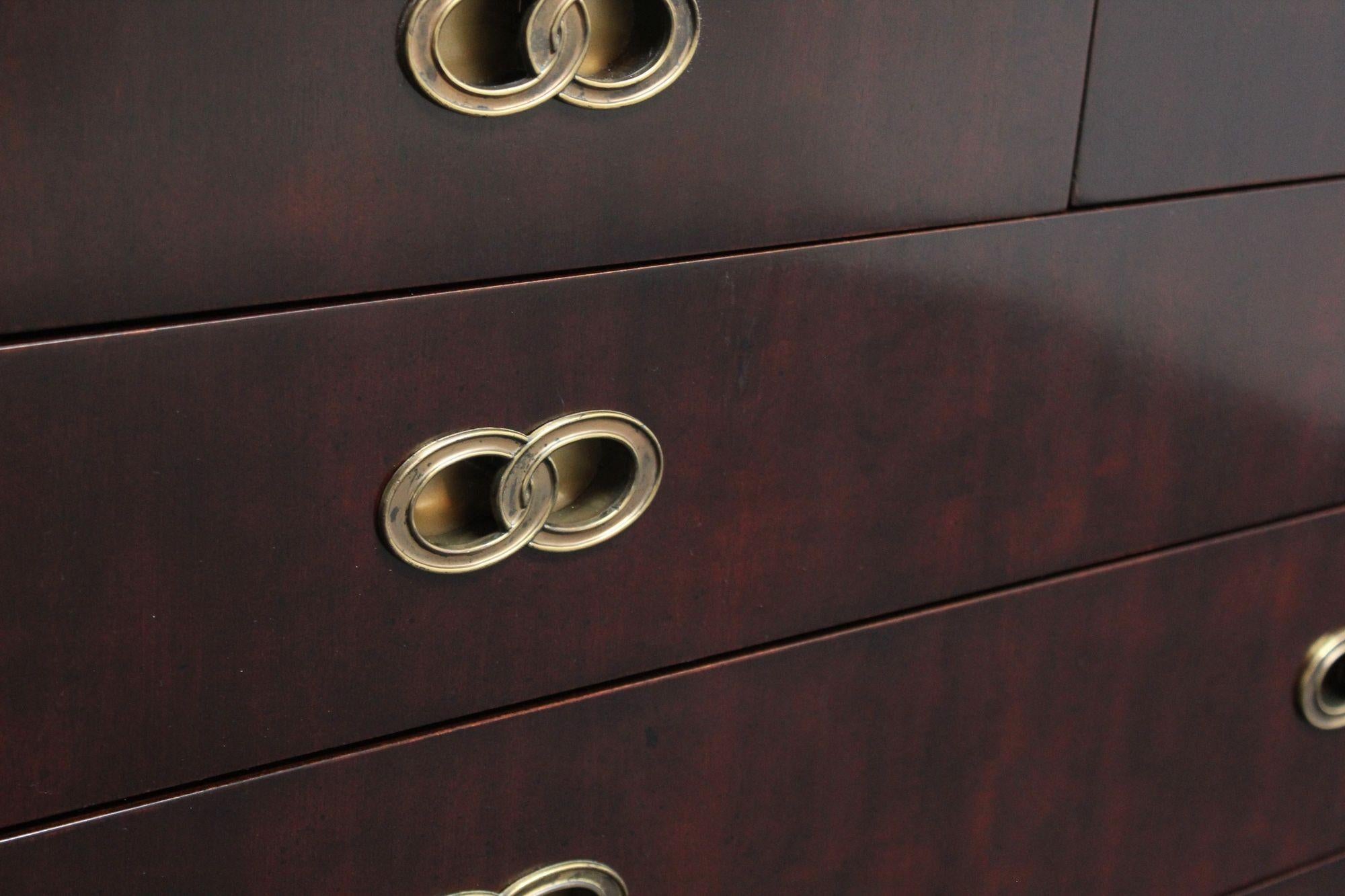 Vintage Stained Satinwood Nine-Drawer Dresser with Brass Pulls by Henredon For Sale 5