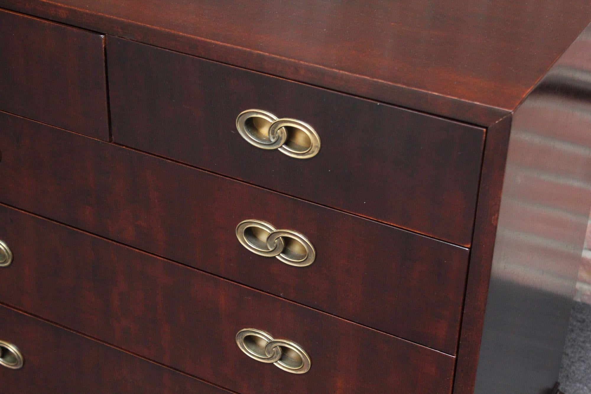 Vintage Stained Satinwood Nine-Drawer Dresser with Brass Pulls by Henredon For Sale 7