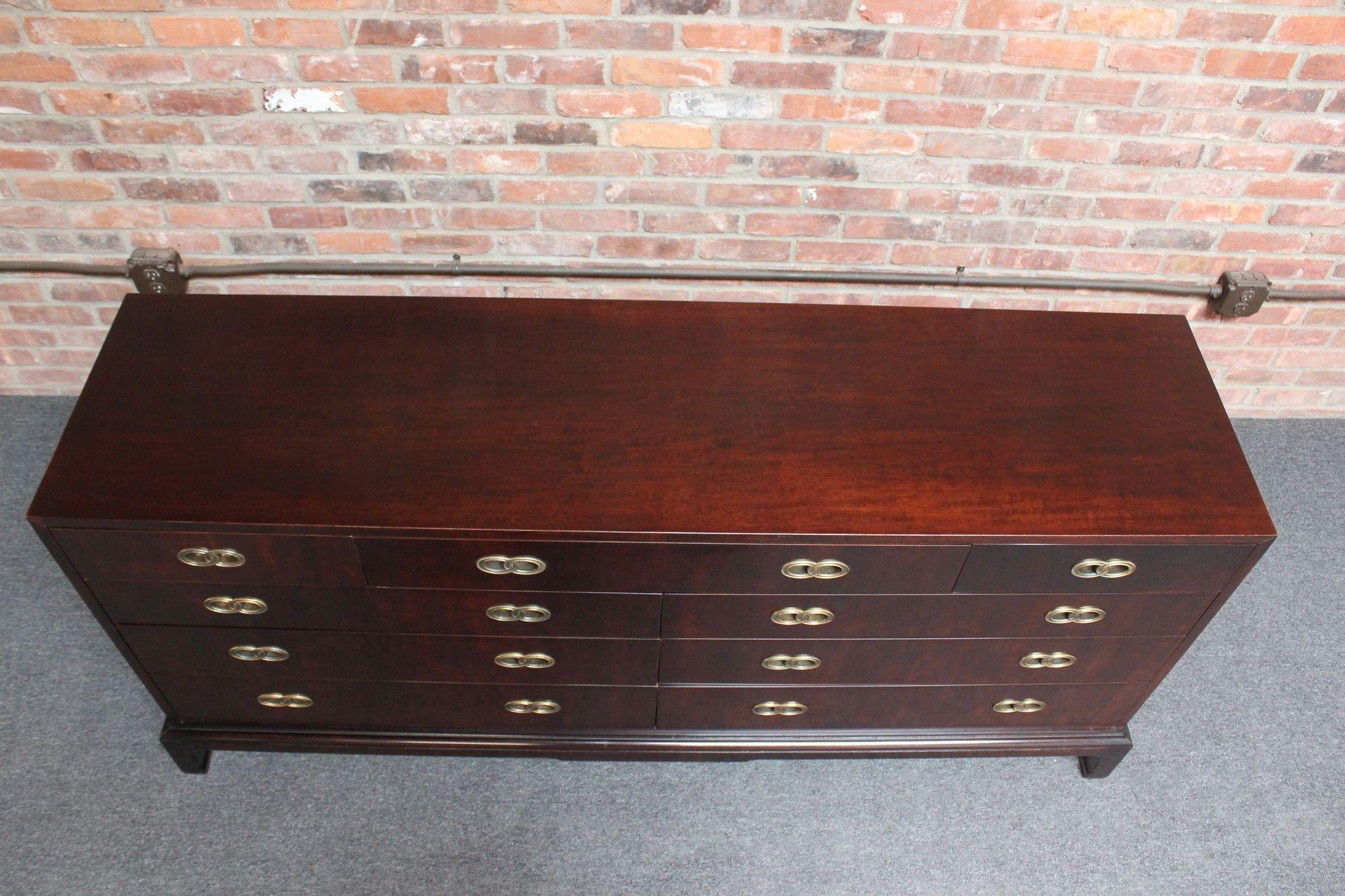 Mid-Century Modern Vintage Stained Satinwood Nine-Drawer Dresser with Brass Pulls by Henredon For Sale