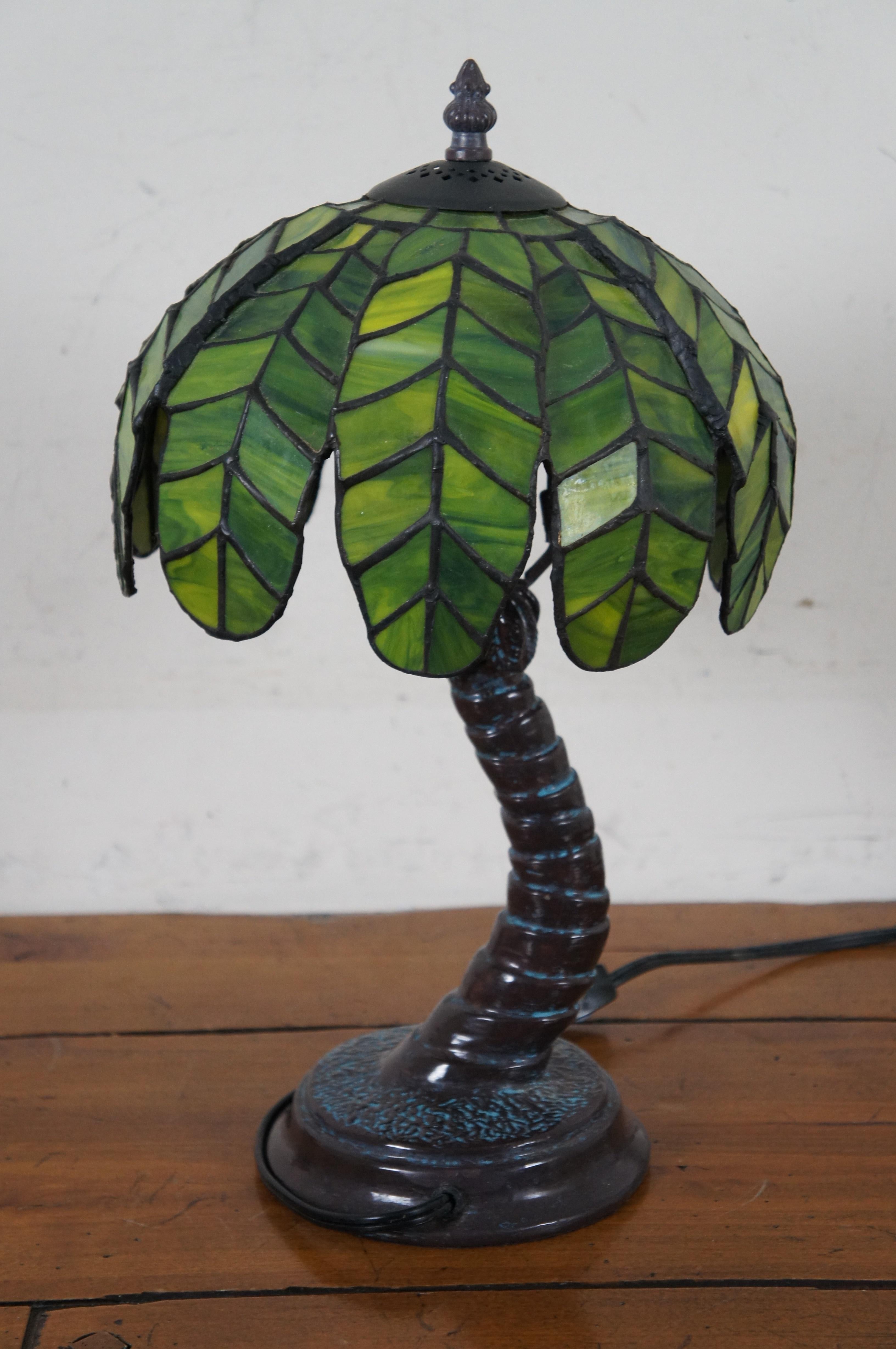 20th Century Vintage Stained Slag Glass Tropical Island Palm Tree Boudoir Table Lamp 16