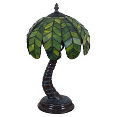 Vintage Stained Slag Glass Tropical Island Palm Tree Boudoir Table Lamp 16"