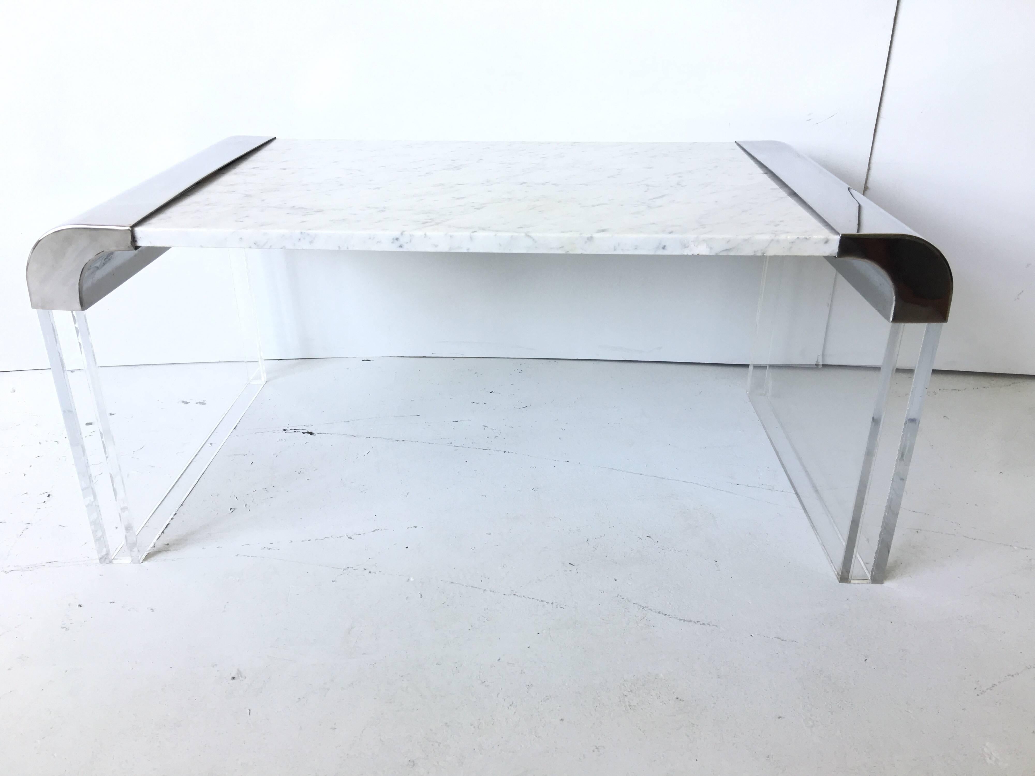 Stainless Lucite Marble Waterfall Edge Coffee Table 1