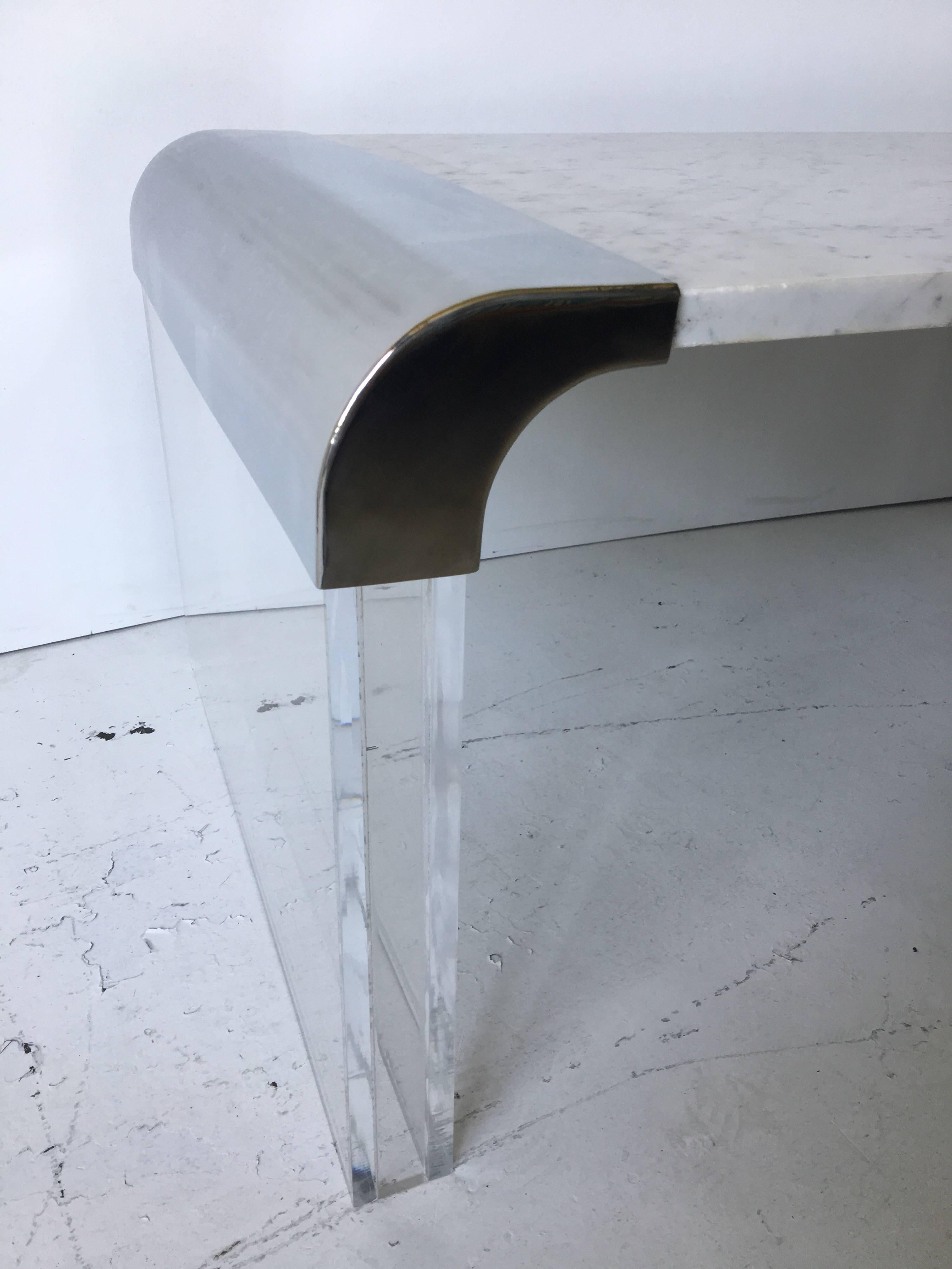 Stainless Steel Stainless Lucite Marble Waterfall Edge Coffee Table