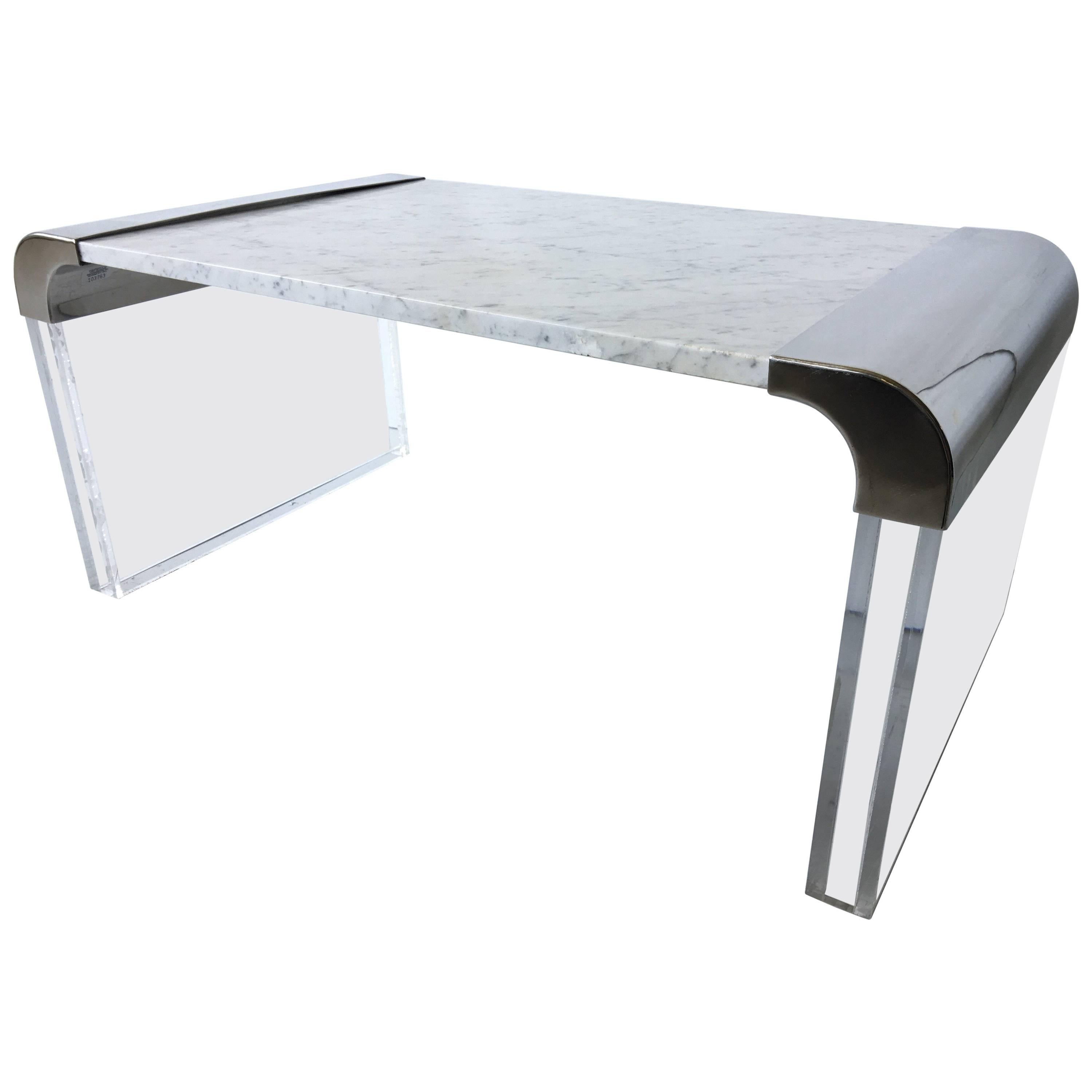 Stainless Lucite Marble Waterfall Edge Coffee Table