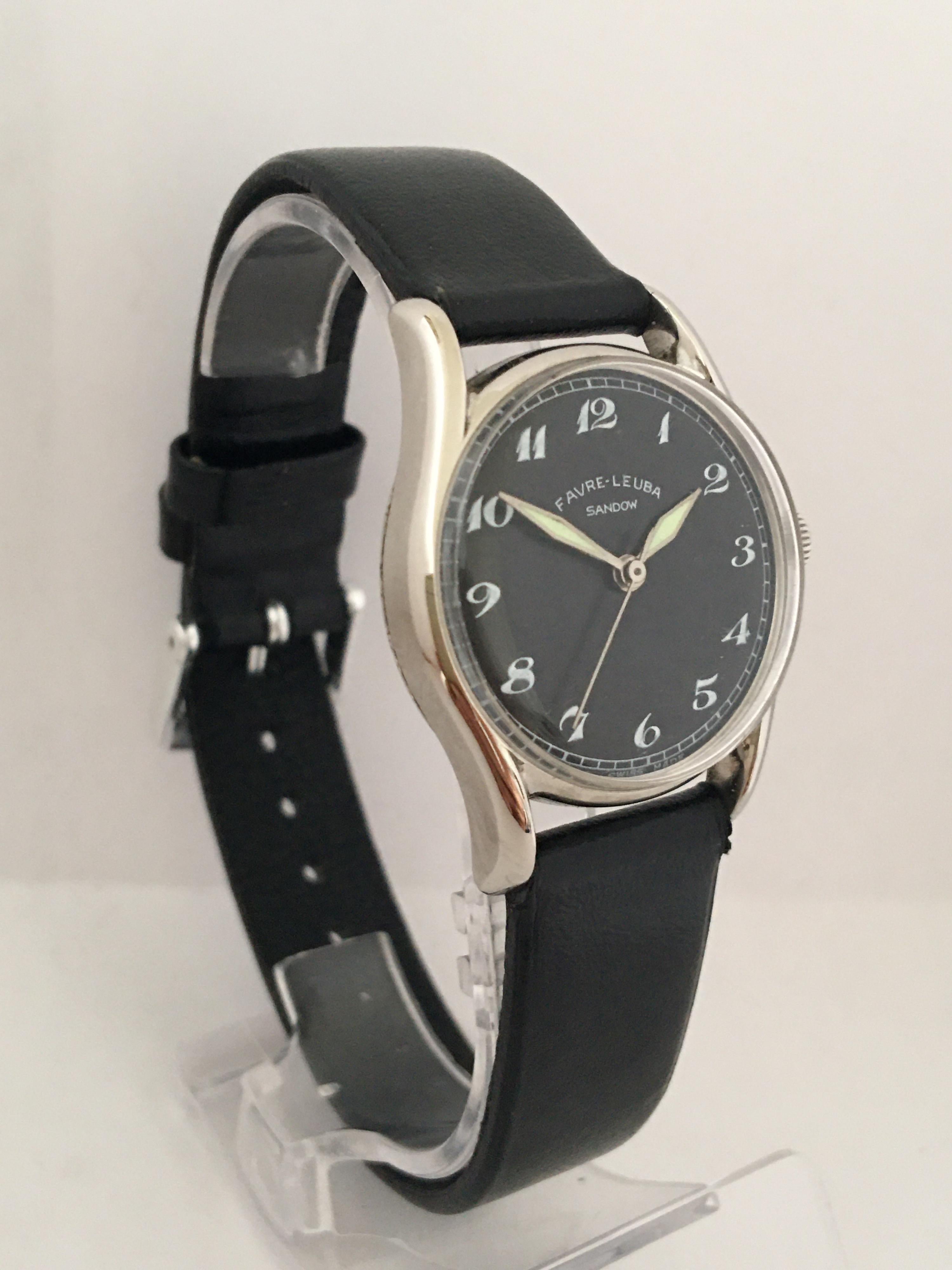 Vintage Stainless Steel 1960s Favre-Leuba Black Dial Mechanical Watch 6