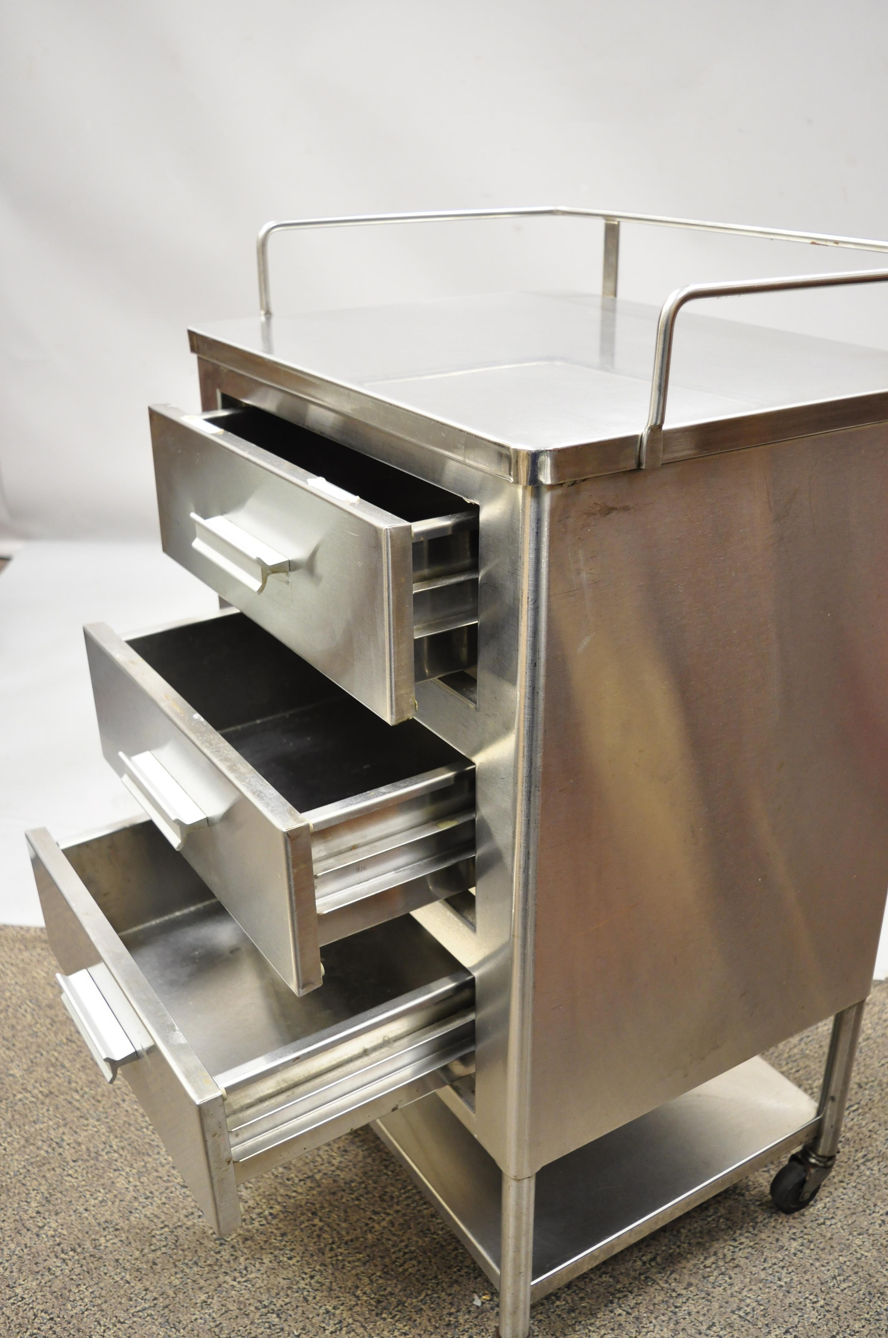 20th Century Vintage Stainless Steel 3 Drawer Rolling Medical Dental Cabinet Nightstand Table