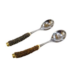 Vintage Stainless Steel and Horn Cutlery Serving Spoons, Wingen 1960s