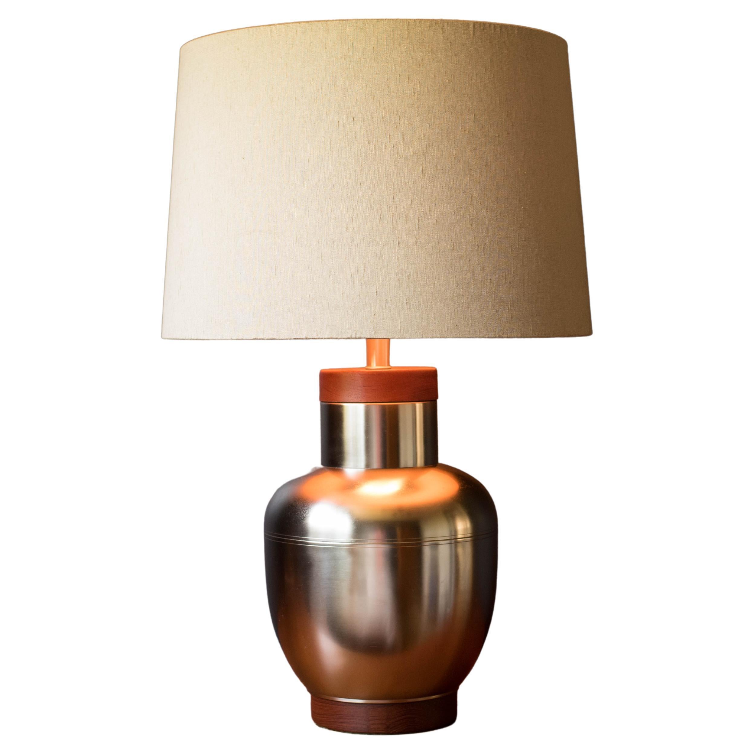 Vintage Stainless Steel and Teak Accent Table Lamp For Sale