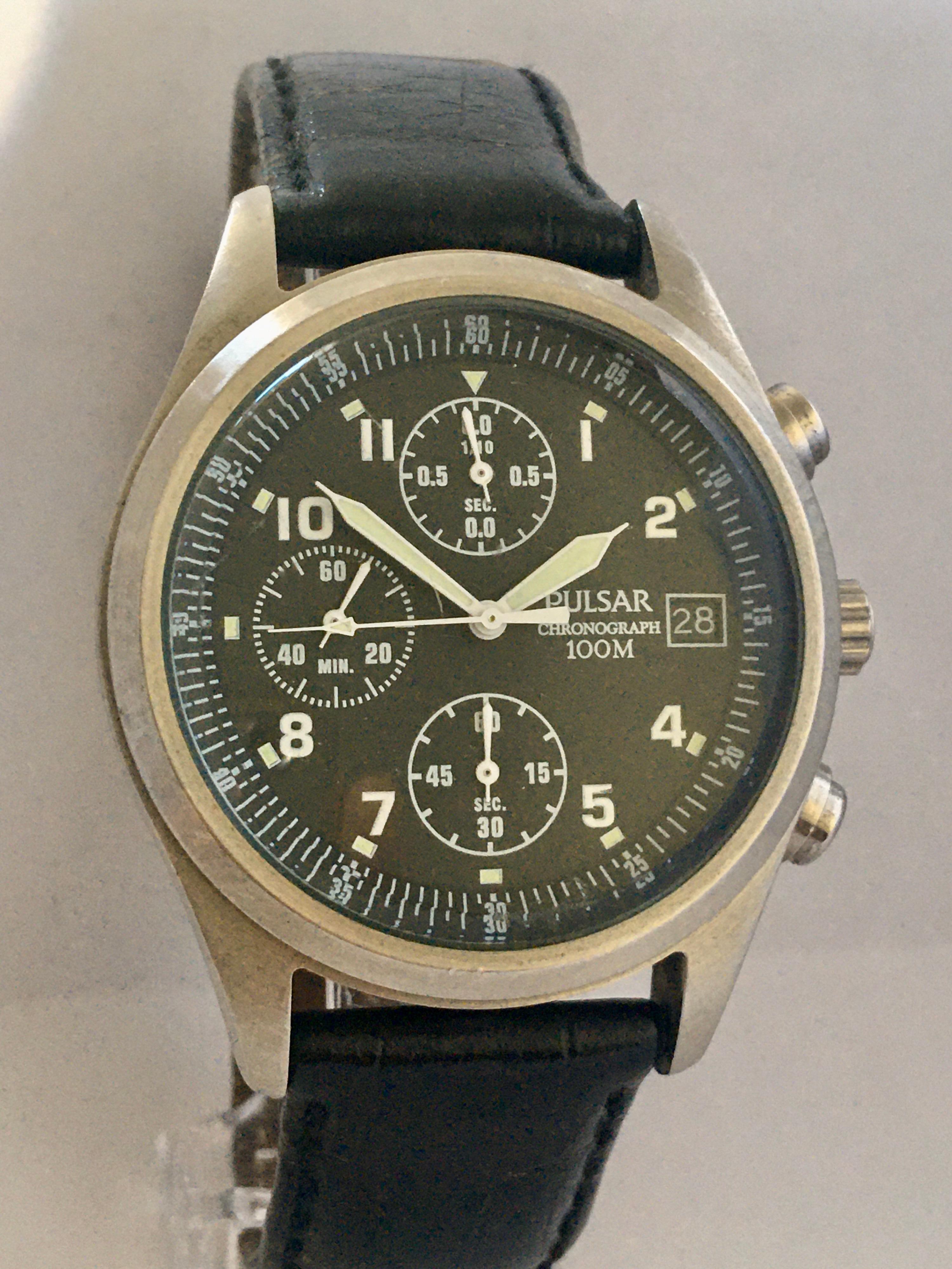 Vintage Stainless Steel black dial Pulsar Chronograph 100M Watch at 1stDibs pulsar chronograph