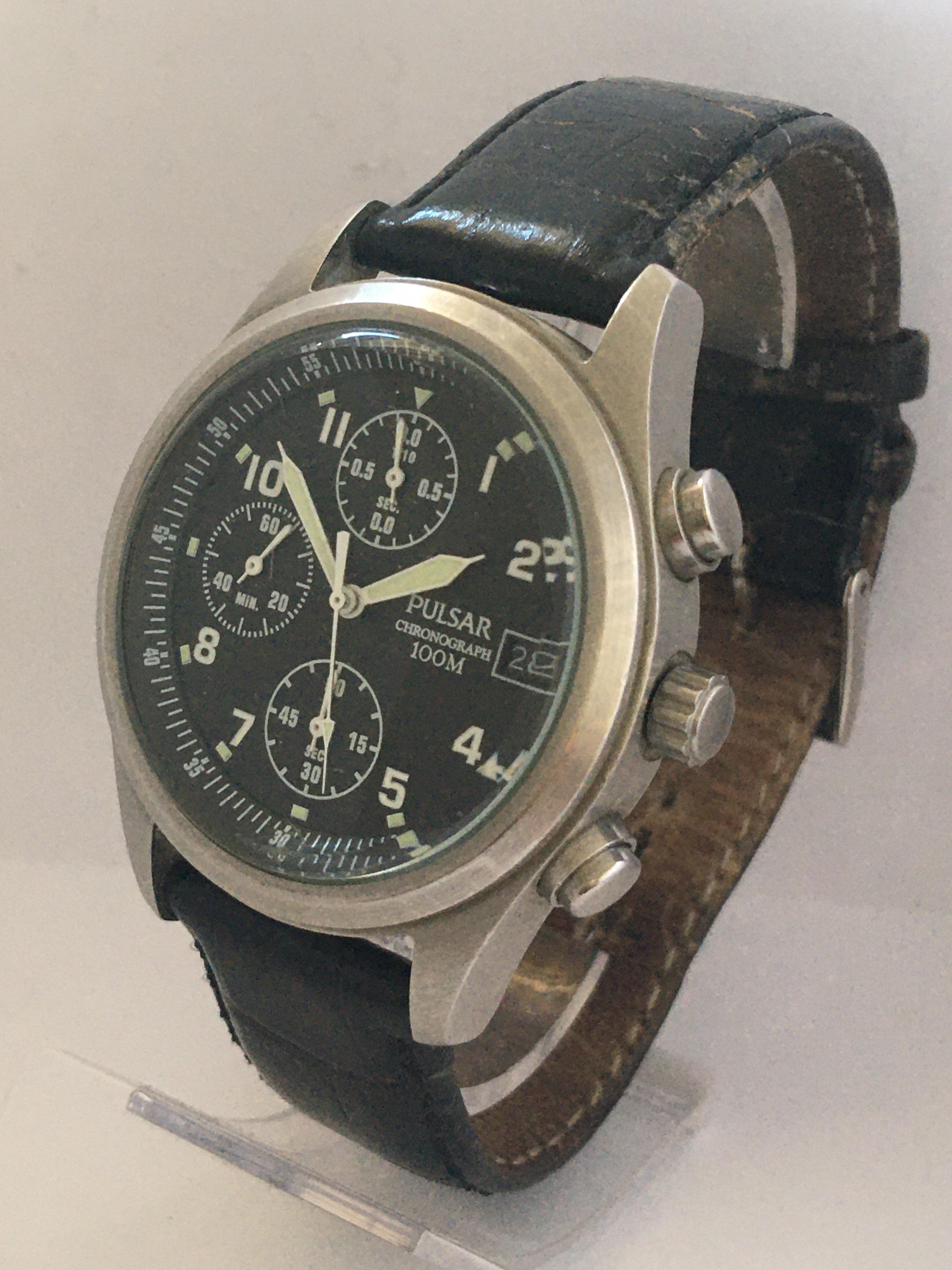 This beautiful vintage pre-owned battery operated chronograph watch is working and it is running well. Visible signs of ageing and gentle used. With minor scratches on the glass and watch case. Its original strap is worn but wearable as shown.