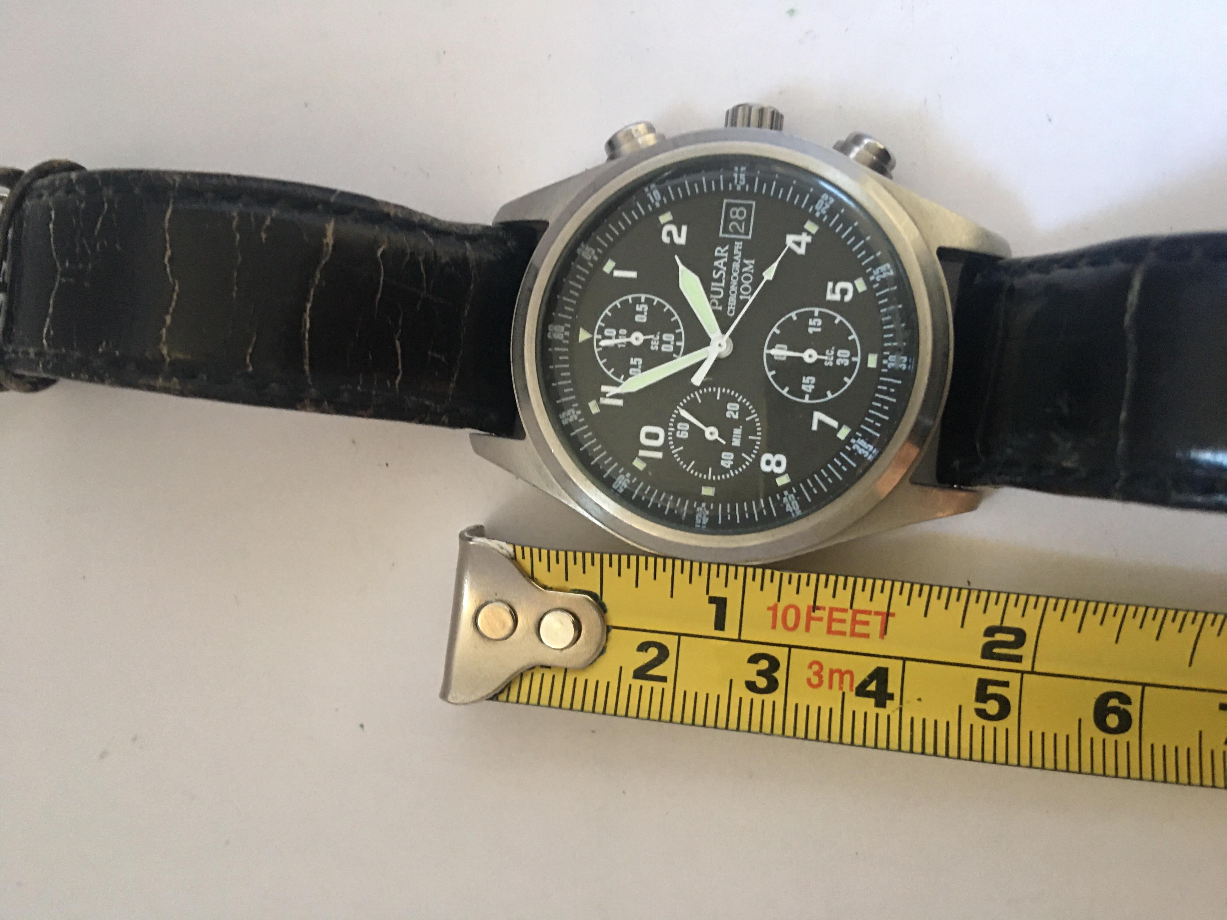 Vintage Stainless Steel black dial Pulsar Chronograph 100M Watch 1