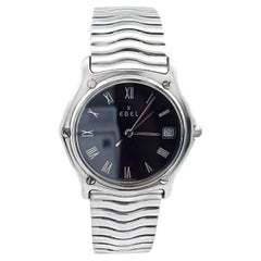 Vintage Stainless Steel Ebel Watch, 28mm Black Dial, Roman Numerals, Date