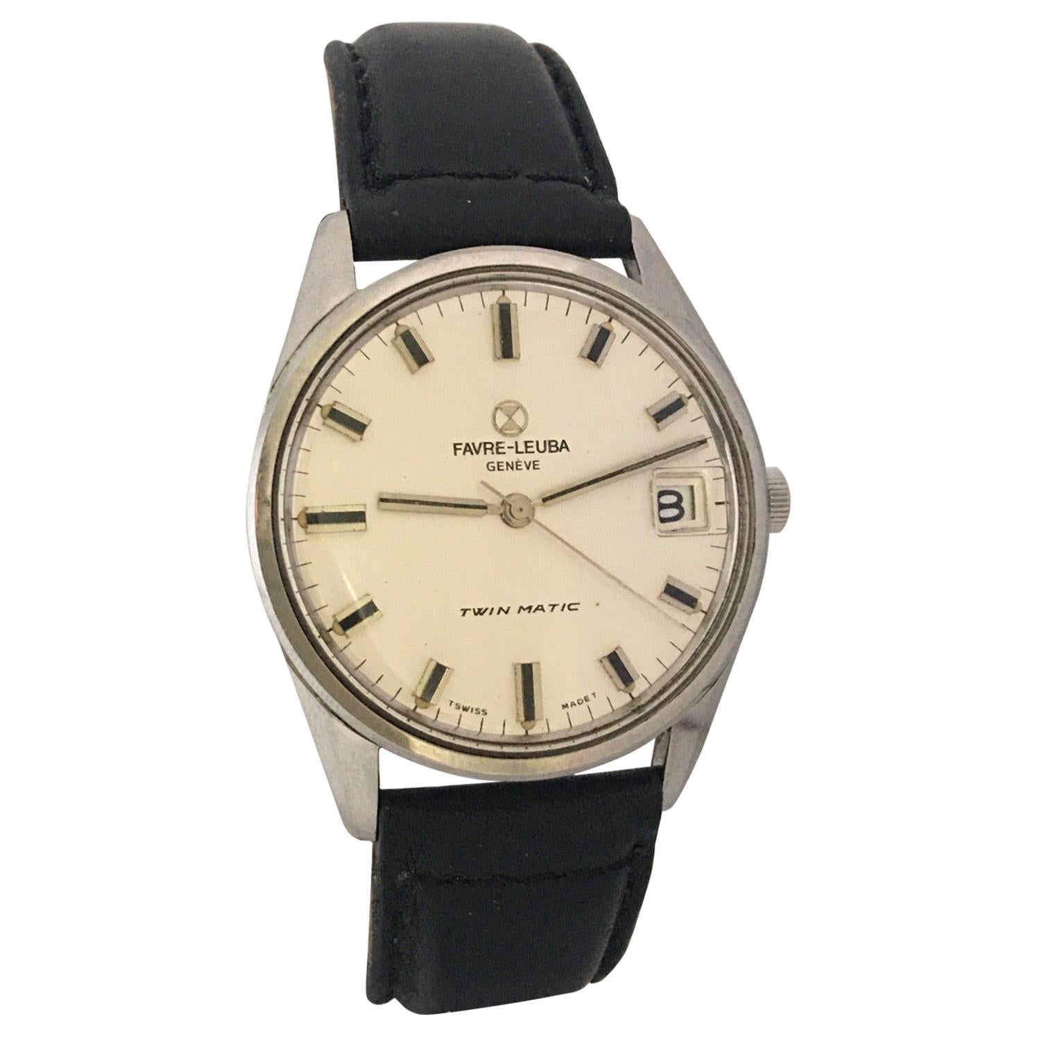 Vintage Stainless Steel Favre-Leuba Geneve Twin Matic Watch For Sale