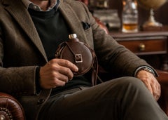 Vintage Stainless Steel Hip Flask Original Leather Carry Case, Gentleman’s Gift