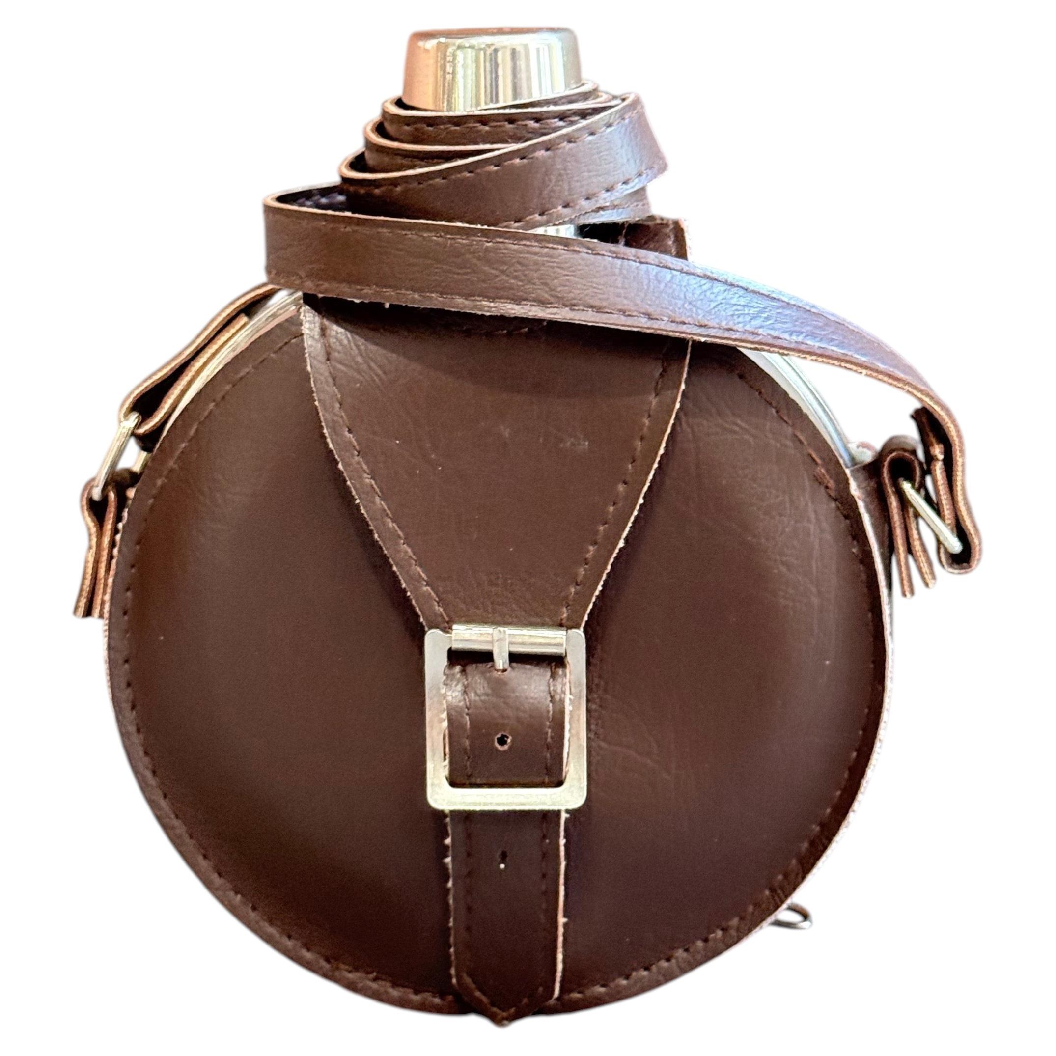 Vintage Stainless Steel Hip Flask Original Leather Carry Case, Gentleman’s Gift For Sale