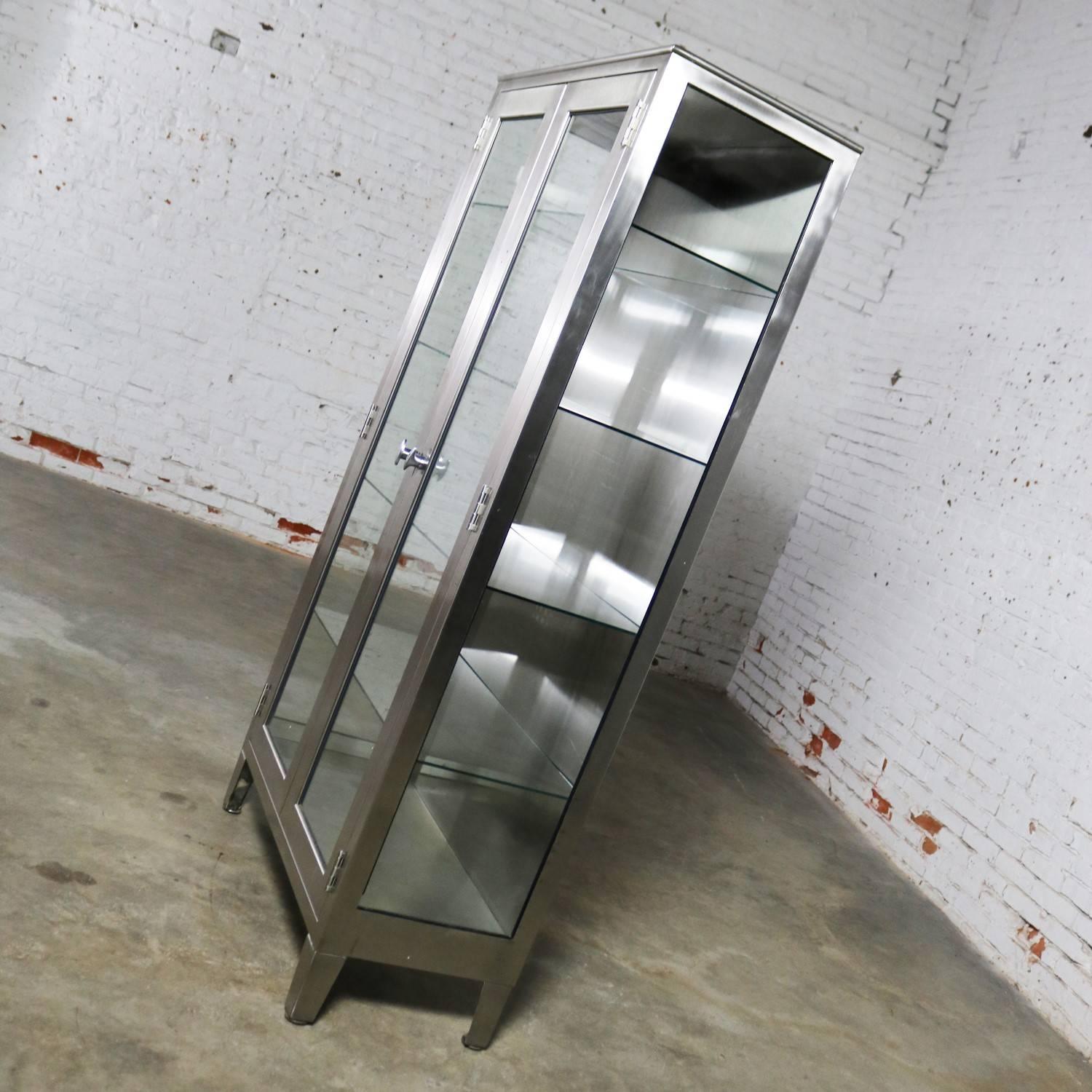 20th Century Vintage Stainless Steel Industrial Display Apothecary Medical Cabinet Glass Door