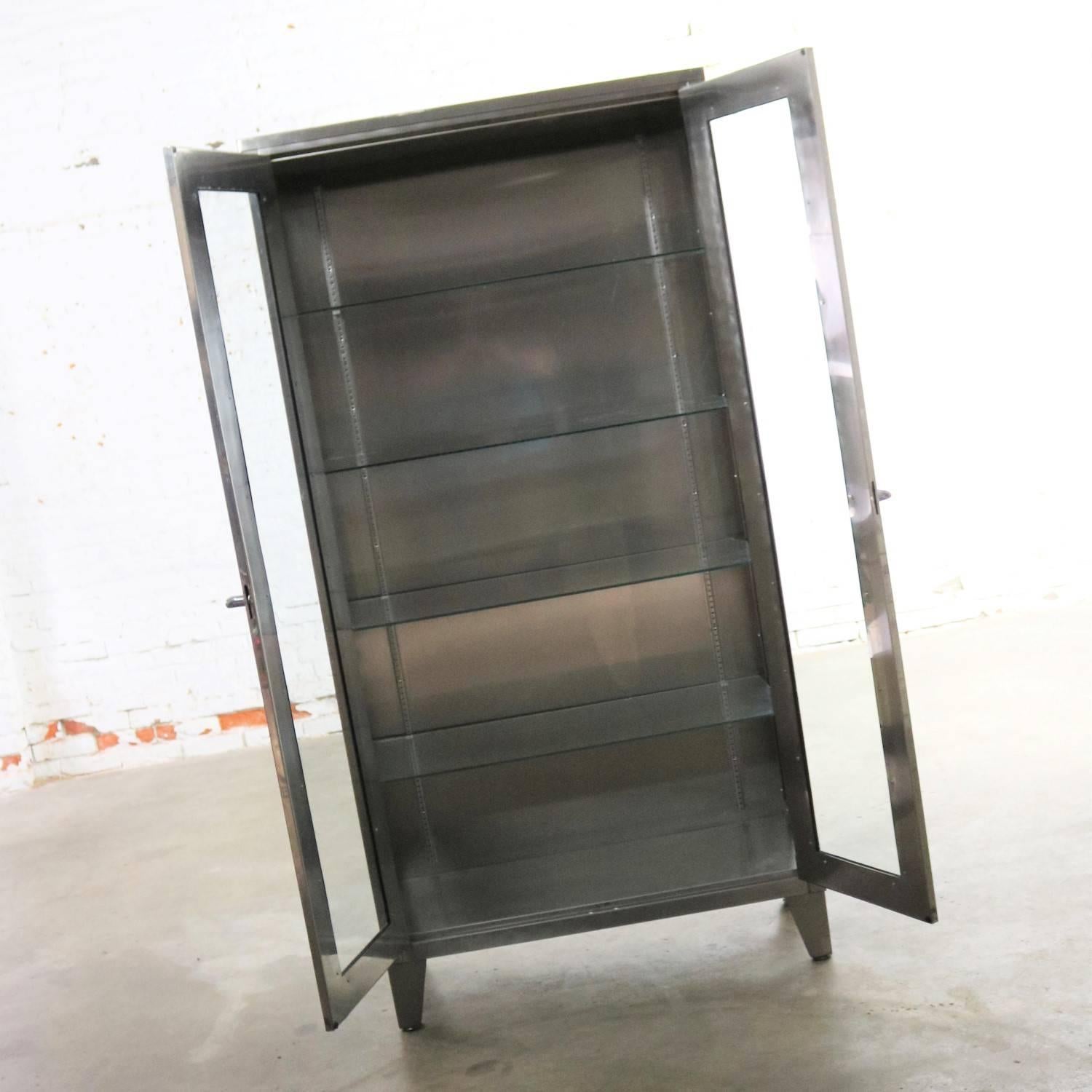20th Century Vintage Stainless Steel Industrial Display Apothecary Medical Cabinet Glass Door