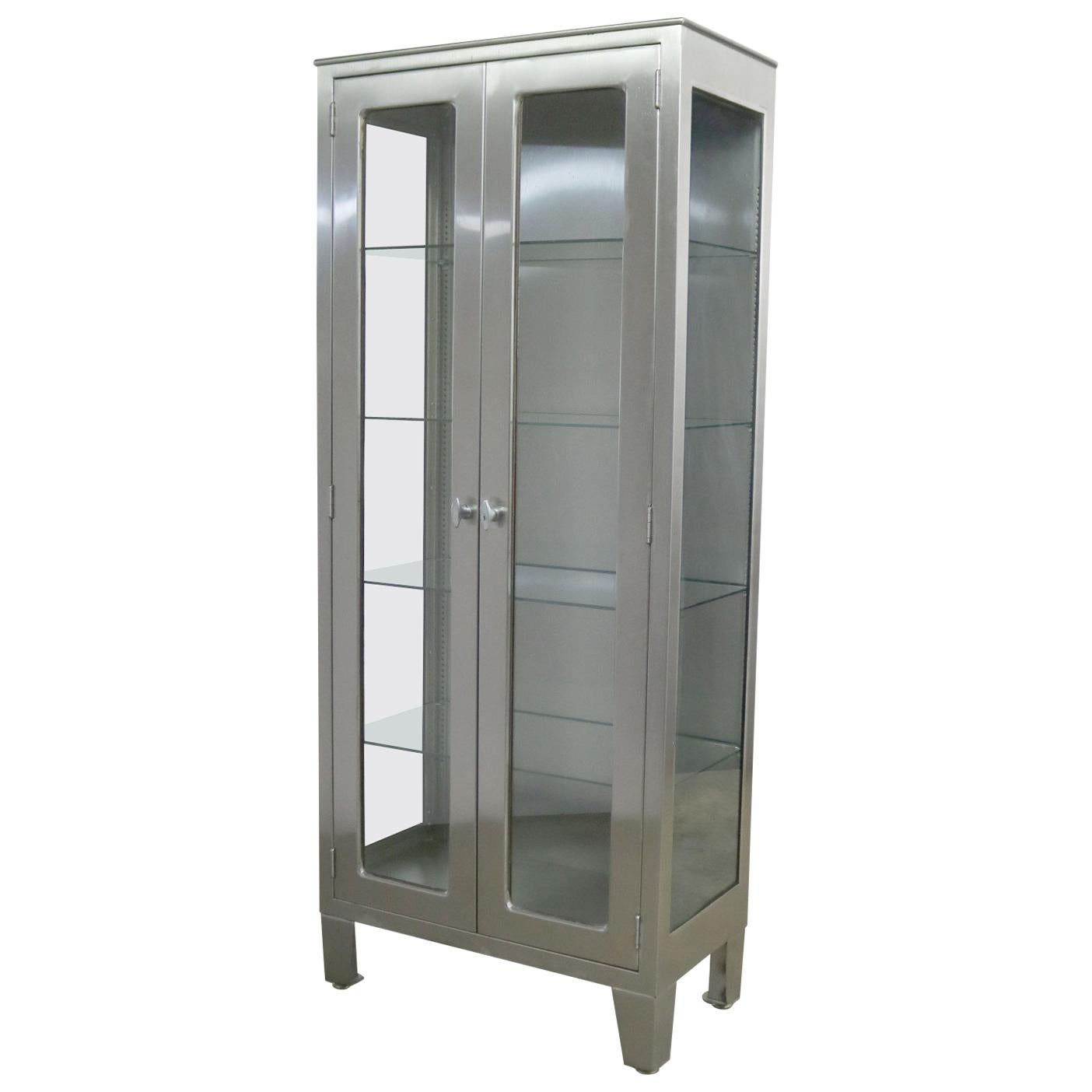 Vintage Stainless Steel Industrial Display Apothecary Medical Cabinet with Glass