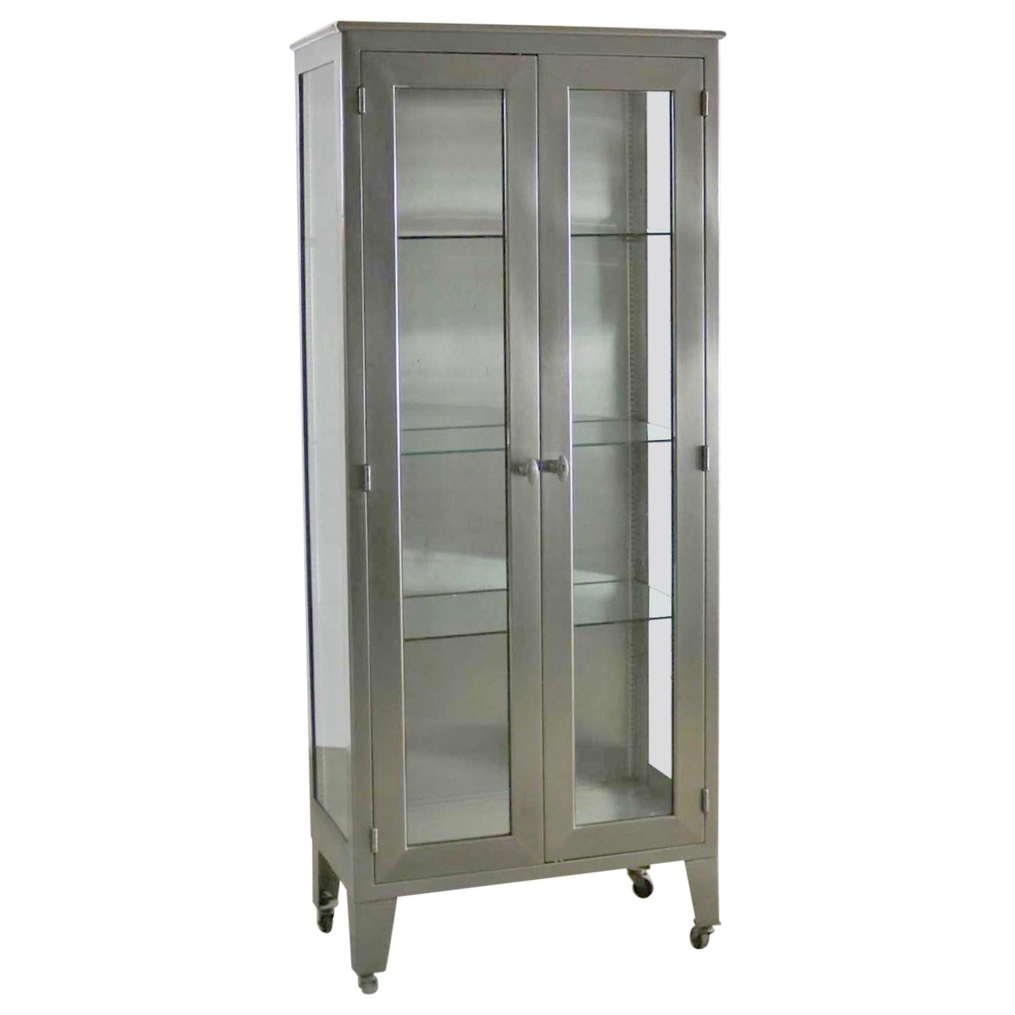 Vintage Stainless-Steel Industrial Display Apothecary Medical Cabinet with Glass