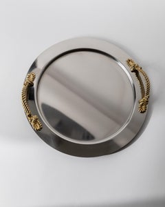 Vintage Stainless Steel Round Tray with Gold Rope Handles by Inoxpran, 1980s