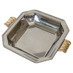 Vintage Stainless Steel Tray or Fruit Bowl with Golden Handles, 1980s