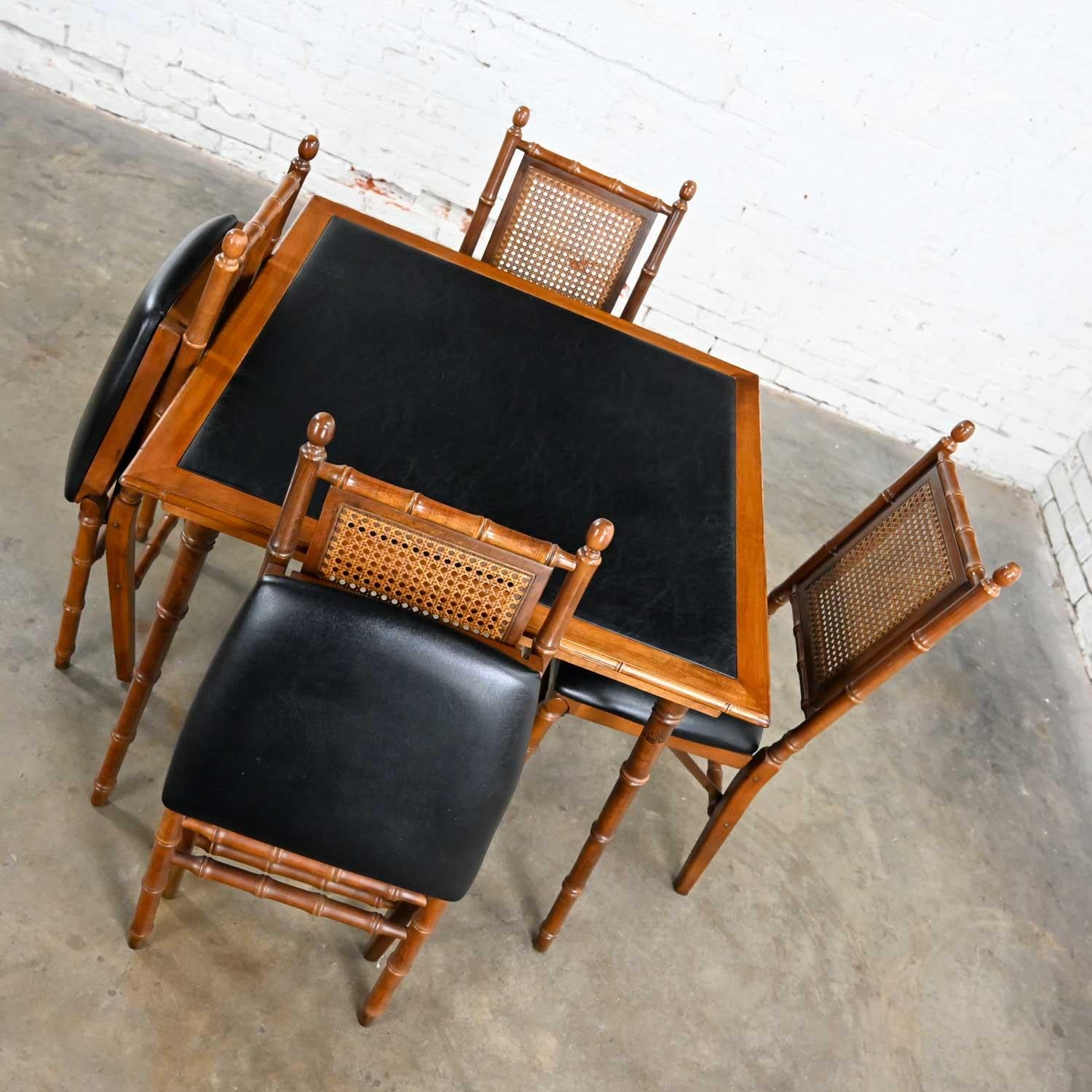 American Vintage Stakmore Campaign Style Faux Bamboo Folding Table 4 Chairs Faux Leather