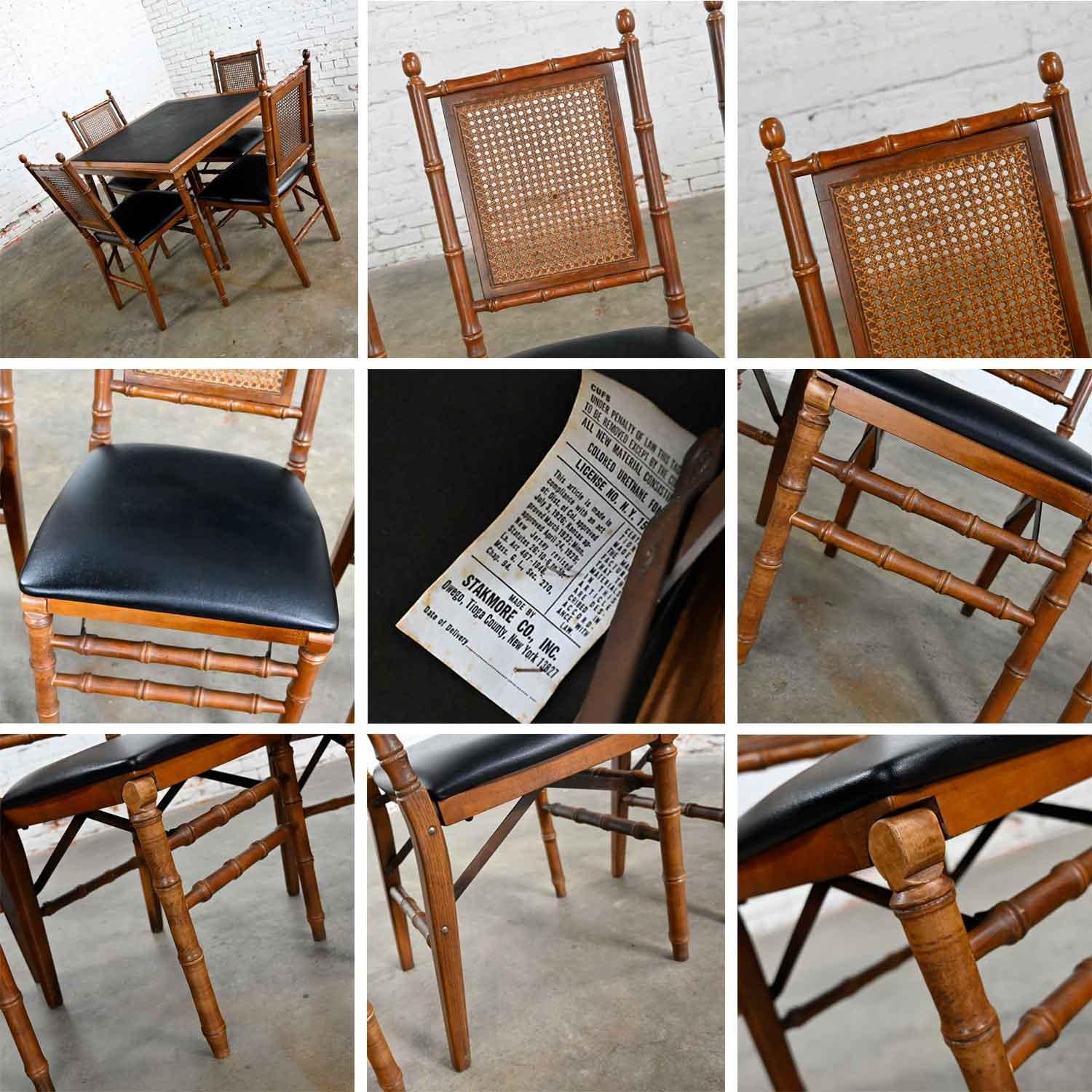 Vintage Stakmore Campaign Style Faux Bamboo Folding Table 4 Chairs Faux Leather In Good Condition In Topeka, KS