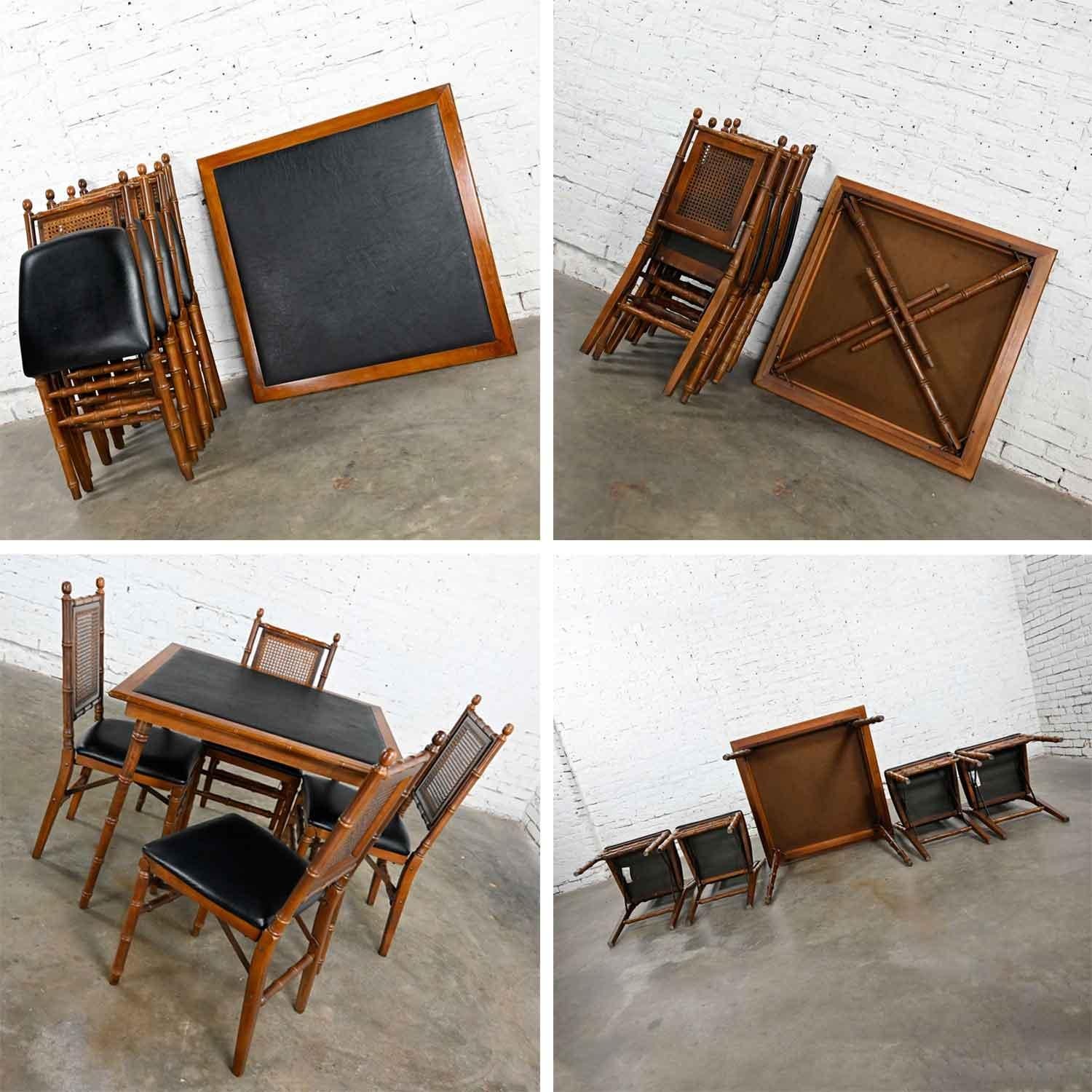 20th Century Vintage Stakmore Campaign Style Faux Bamboo Folding Table 4 Chairs Faux Leather