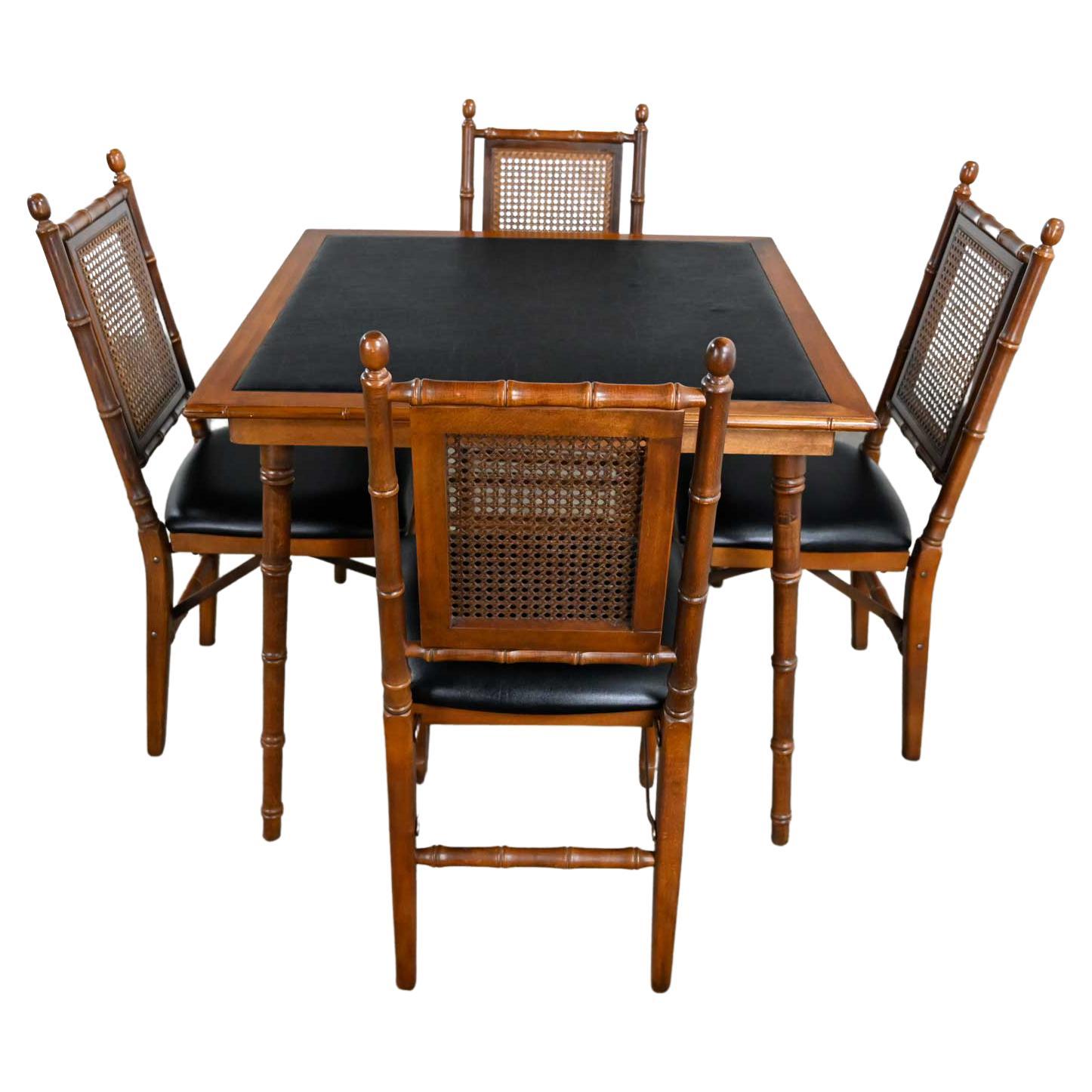 Vintage Stakmore Campaign Style Faux Bamboo Folding Table 4 Chairs Faux Leather