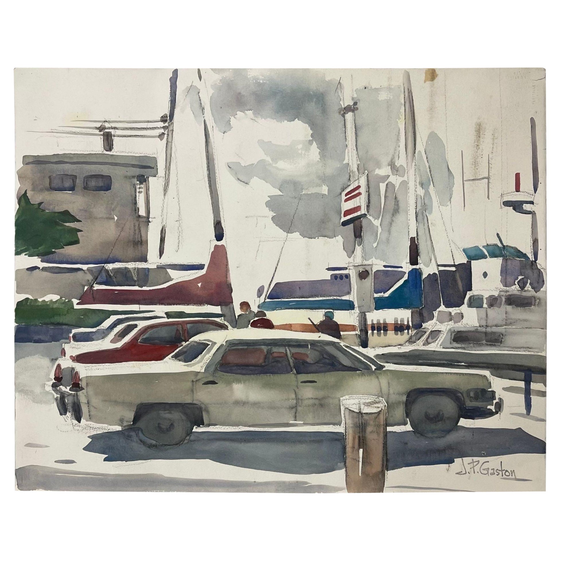 Gestempeltes und signiertes abstraktes Cityscape-Kunstwerk im Vintage-Stil im Angebot